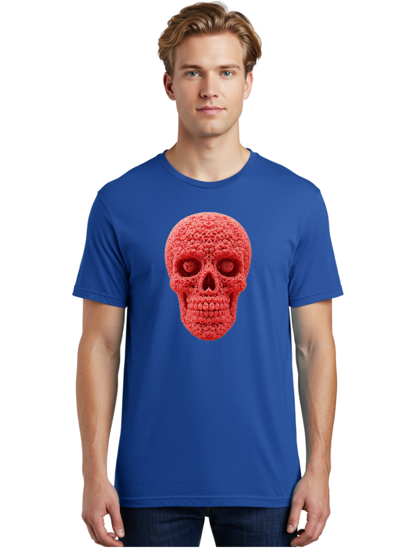 Red-Crochet-Skull Men'S Graphic Tee, 100% Cotton, Comfortable Casual Summer Wear, Machine Washable, Strawberry Skull, Red Fruit, Sugar Skull, Food Art, Creative Dessert, Skull Design, Vibrant Red Color, Unique Food Styling Bad484 16