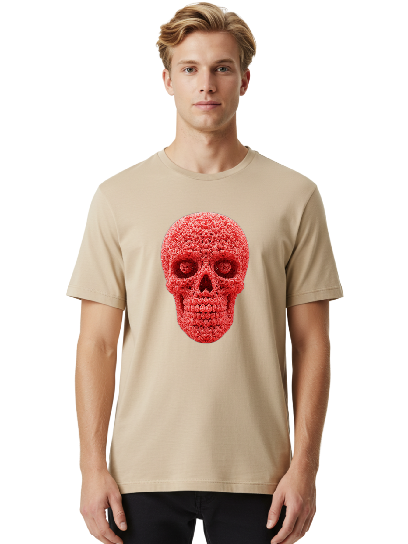 Red-Crochet-Skull Men'S Graphic Tee, 100% Cotton, Comfortable Casual Summer Wear, Machine Washable, Strawberry Skull, Red Fruit, Sugar Skull, Food Art, Creative Dessert, Skull Design, Vibrant Red Color, Unique Food Styling Bad484 22