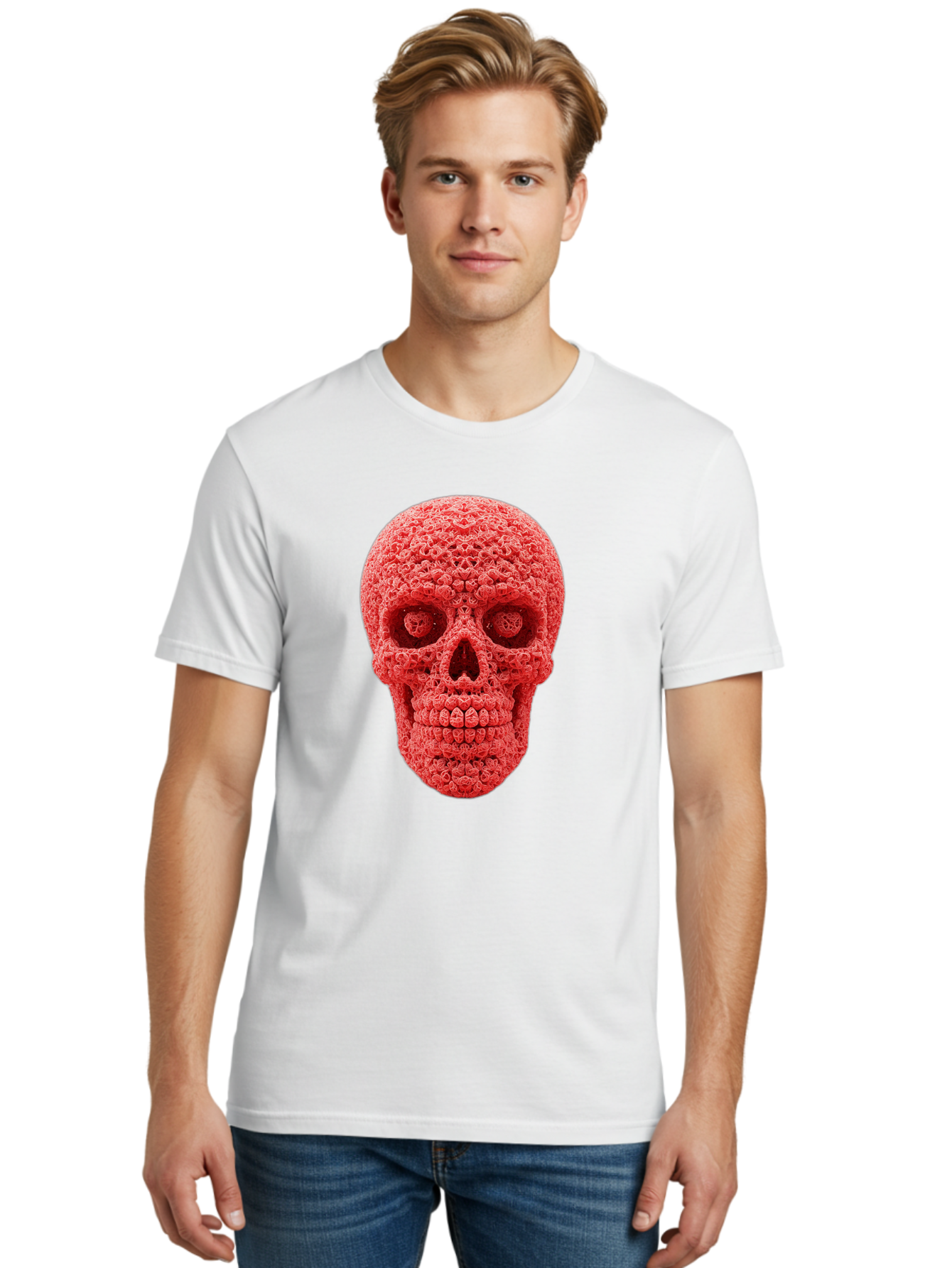 Red-Crochet-Skull Men'S Graphic Tee, 100% Cotton, Comfortable Casual Summer Wear, Machine Washable, Strawberry Skull, Red Fruit, Sugar Skull, Food Art, Creative Dessert, Skull Design, Vibrant Red Color, Unique Food Styling Bad484 27