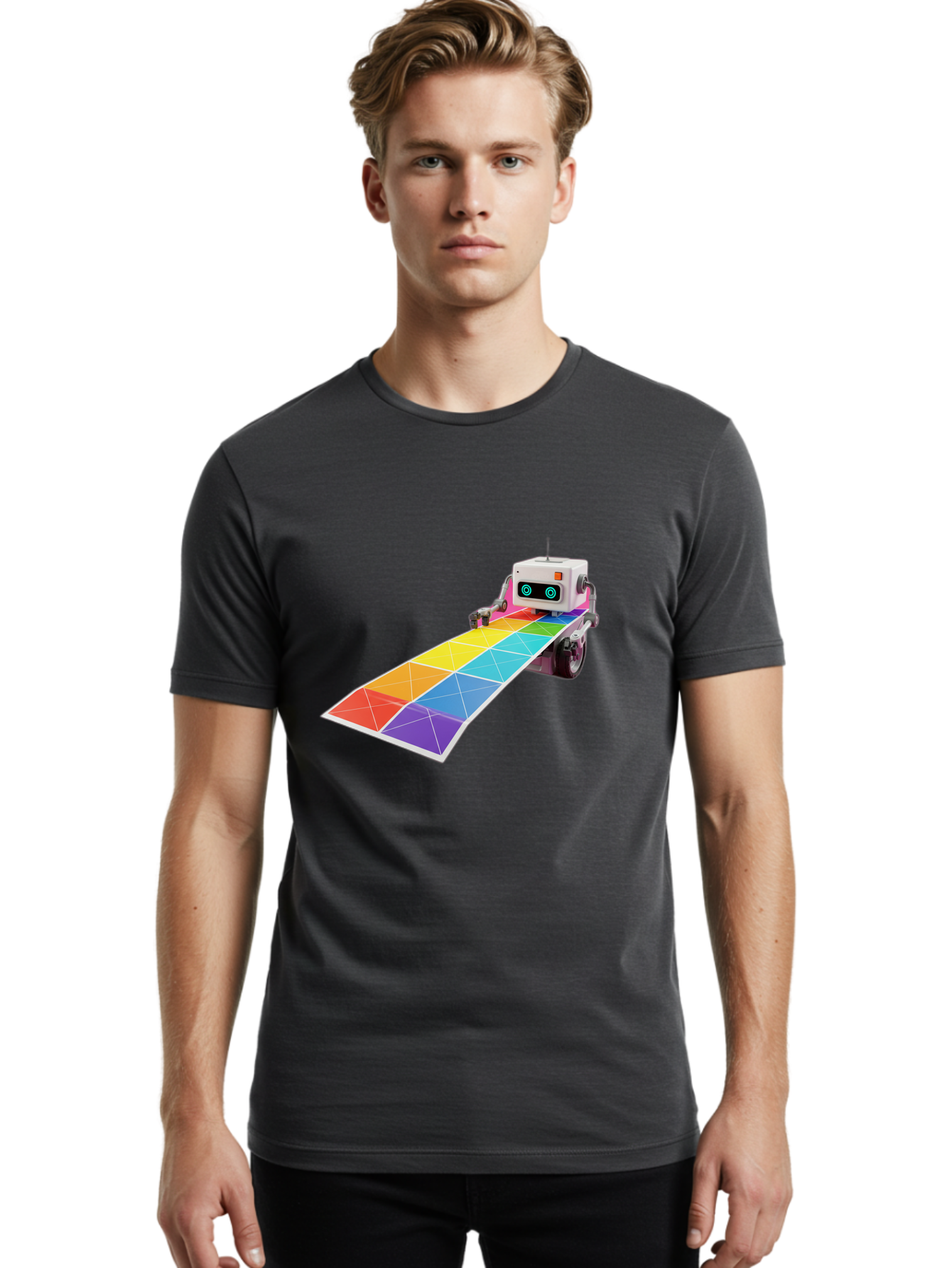 Robot-Dj-Booth Men'S Graphic Tee, 100% Cotton, Comfortable Casual Summer Wear, Machine Washable, Robot Dj, Colorful Turntable, Rainbow-Colored Dj Deck, Music Production, Electronic Dance Music, Futuristic Technology, Dance Floor Vibes, Bad494 17