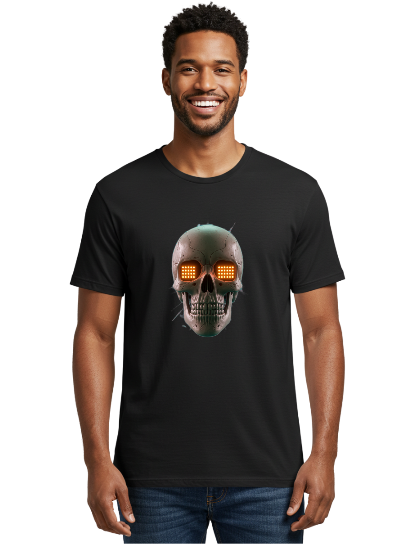 Robot-Skull Men'S Graphic Tee, 100% Cotton, Comfortable Casual Summer Wear, Machine Washable, Cyborg Skull, Robotic Eyes, Futuristic Technology, Sci-Fi Art, Glowing Orange Eyes, Skull Design, Dark Futuristic, Cybernetic Enhancements, Bad496 19