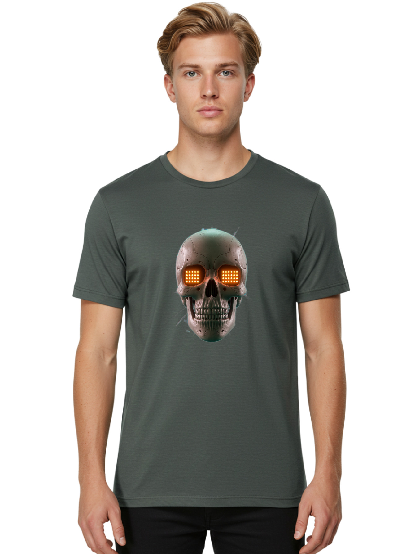 Robot-Skull Men'S Graphic Tee, 100% Cotton, Comfortable Casual Summer Wear, Machine Washable, Cyborg Skull, Robotic Eyes, Futuristic Technology, Sci-Fi Art, Glowing Orange Eyes, Skull Design, Dark Futuristic, Cybernetic Enhancements, Bad496 25