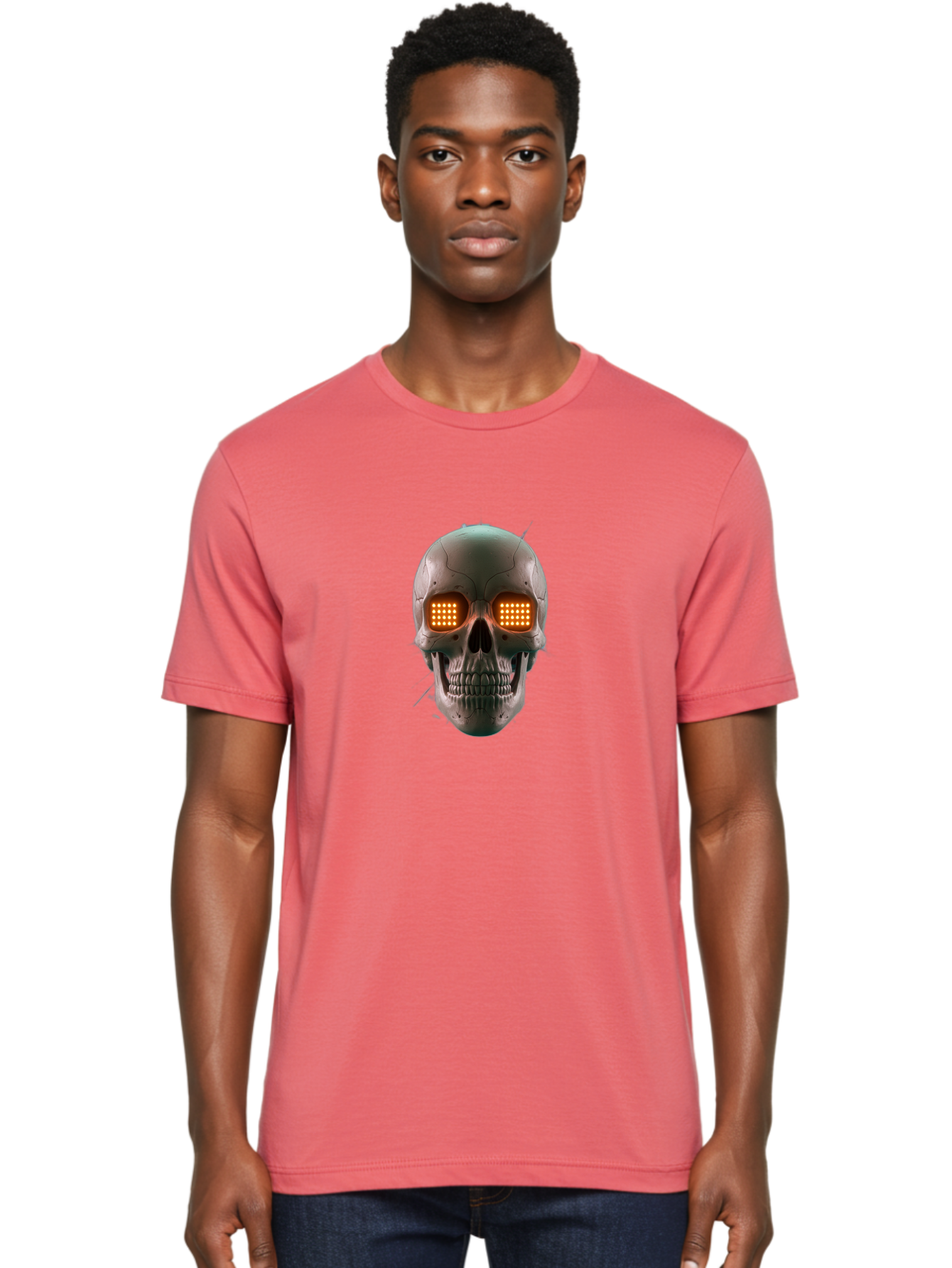 Robot-Skull Men'S Graphic Tee, 100% Cotton, Comfortable Casual Summer Wear, Machine Washable, Cyborg Skull, Robotic Eyes, Futuristic Technology, Sci-Fi Art, Glowing Orange Eyes, Skull Design, Dark Futuristic, Cybernetic Enhancements, Bad496 28