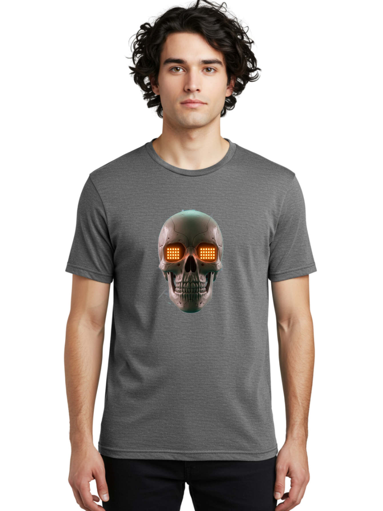 Robot-Skull Men'S Graphic Tee, 100% Cotton, Comfortable Casual Summer Wear, Machine Washable, Cyborg Skull, Robotic Eyes, Futuristic Technology, Sci-Fi Art, Glowing Orange Eyes, Skull Design, Dark Futuristic, Cybernetic Enhancements, Bad496 29