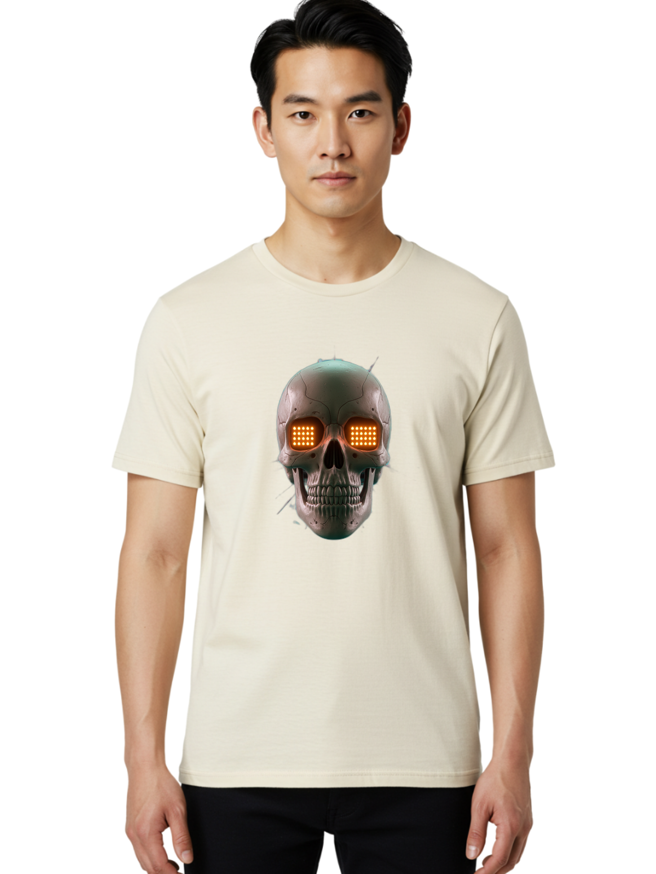 Robot-Skull Men'S Graphic Tee, 100% Cotton, Comfortable Casual Summer Wear, Machine Washable, Cyborg Skull, Robotic Eyes, Futuristic Technology, Sci-Fi Art, Glowing Orange Eyes, Skull Design, Dark Futuristic, Cybernetic Enhancements, Bad496 26
