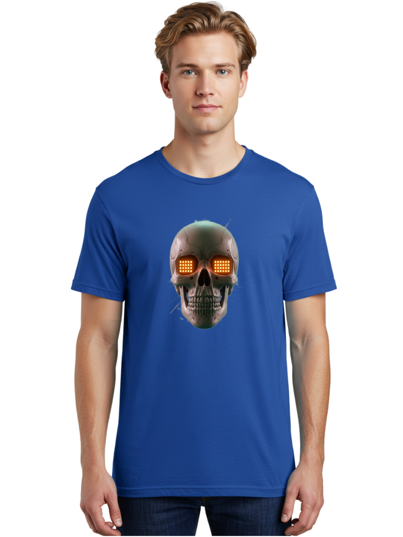 Robot-Skull Men'S Graphic Tee, 100% Cotton, Comfortable Casual Summer Wear, Machine Washable, Cyborg Skull, Robotic Eyes, Futuristic Technology, Sci-Fi Art, Glowing Orange Eyes, Skull Design, Dark Futuristic, Cybernetic Enhancements, Bad496 22