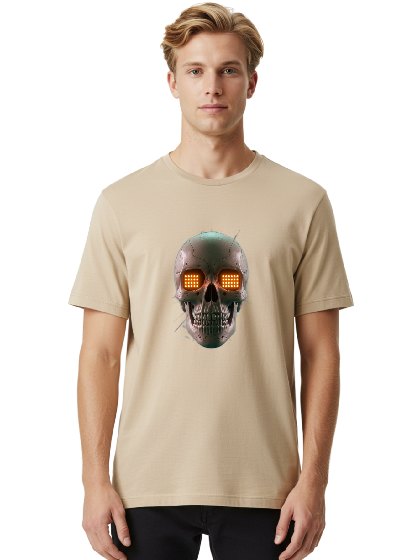 Robot-Skull Men'S Graphic Tee, 100% Cotton, Comfortable Casual Summer Wear, Machine Washable, Cyborg Skull, Robotic Eyes, Futuristic Technology, Sci-Fi Art, Glowing Orange Eyes, Skull Design, Dark Futuristic, Cybernetic Enhancements, Bad496 27
