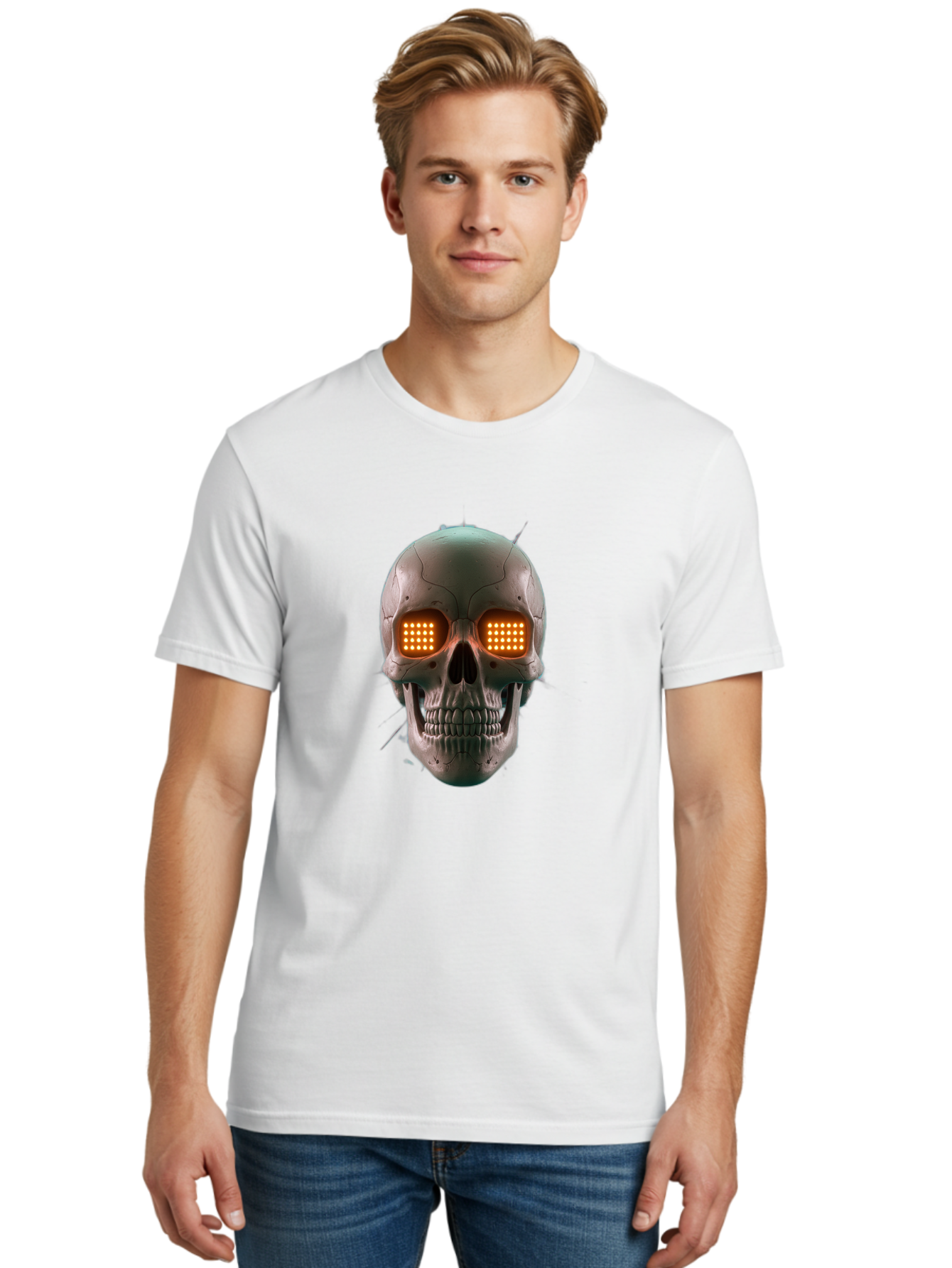 Robot-Skull Men'S Graphic Tee, 100% Cotton, Comfortable Casual Summer Wear, Machine Washable, Cyborg Skull, Robotic Eyes, Futuristic Technology, Sci-Fi Art, Glowing Orange Eyes, Skull Design, Dark Futuristic, Cybernetic Enhancements, Bad496 18
