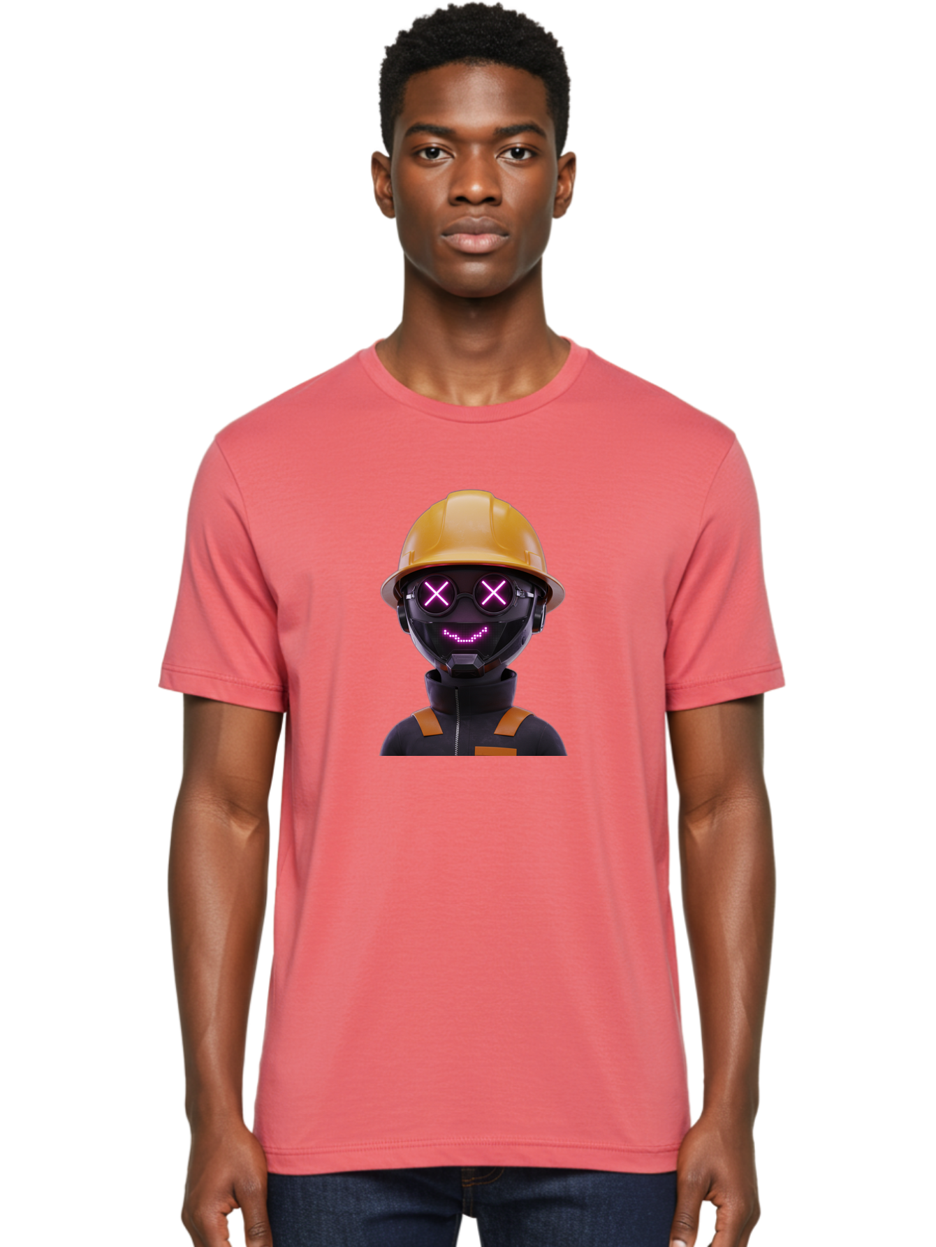 Robot-With-Construction-Hat Men'S Graphic Tee, 100% Cotton, Comfortable Casual Summer Wear, Machine Washable, Robot Character, Futuristic Design, Yellow Hard Hat, Neon Purple Eyes With X, Smiling Face, Black And Orange Jumpsuit, Bad498 25