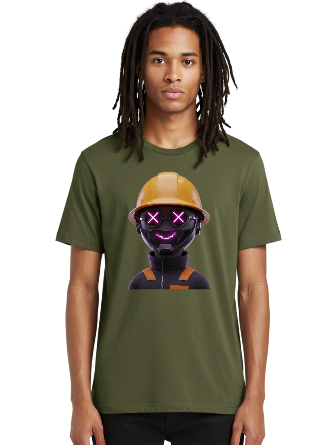 Robot-With-Construction-Hat Men'S Graphic Tee, 100% Cotton, Comfortable Casual Summer Wear, Machine Washable, Robot Character, Futuristic Design, Yellow Hard Hat, Neon Purple Eyes With X, Smiling Face, Black And Orange Jumpsuit, Bad498 18