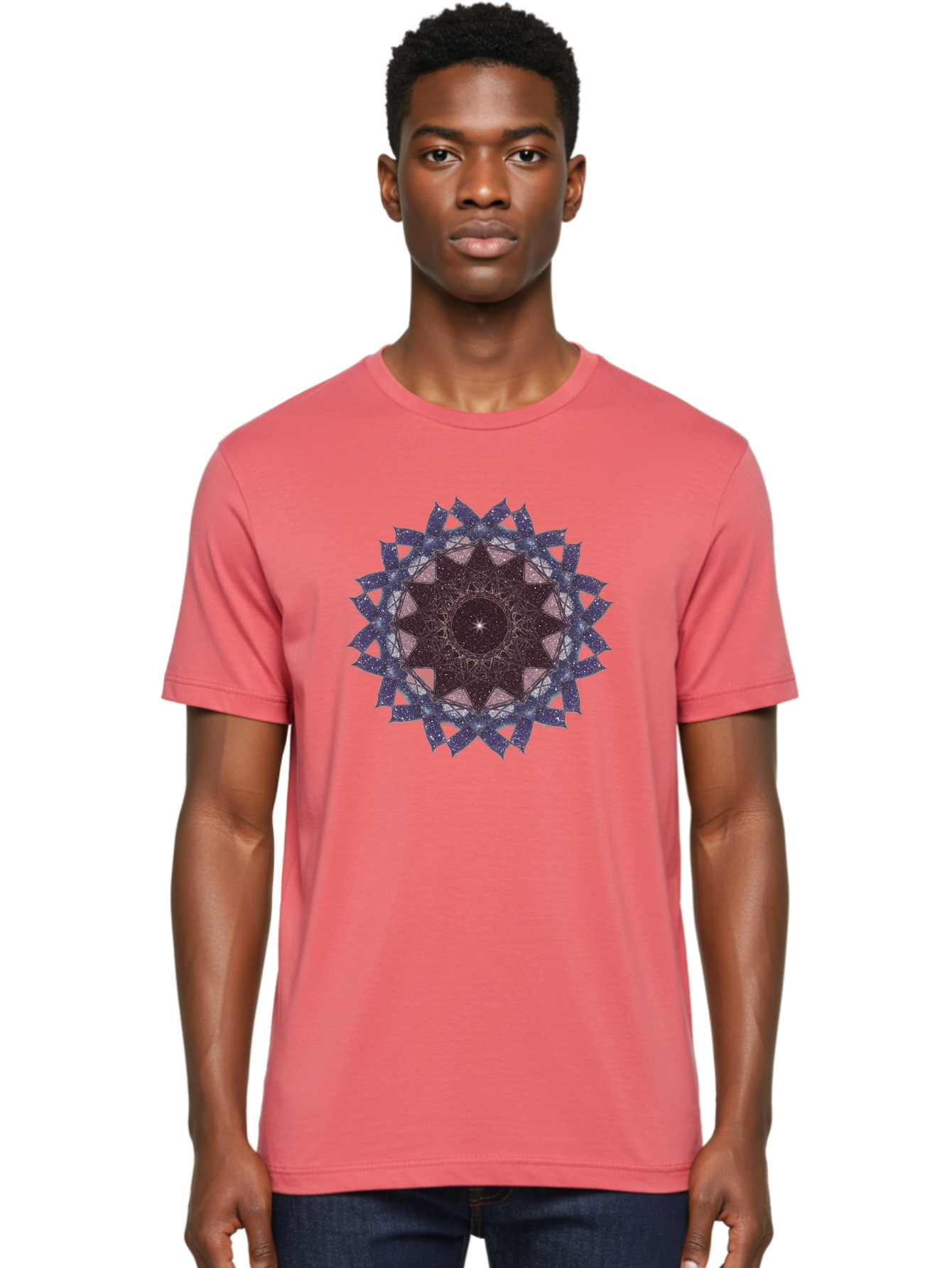 Sacred-Geometry-Star Men'S Graphic Tee, 100% Cotton, Comfortable Casual Summer Wear, Machine Washable, Sacred Geometry, Mandala Art, Geometric Patterns, Star Symbol, Spiritual Design, Mystical Shapes, Cosmic Theme, Intricate Details, Bad501 16