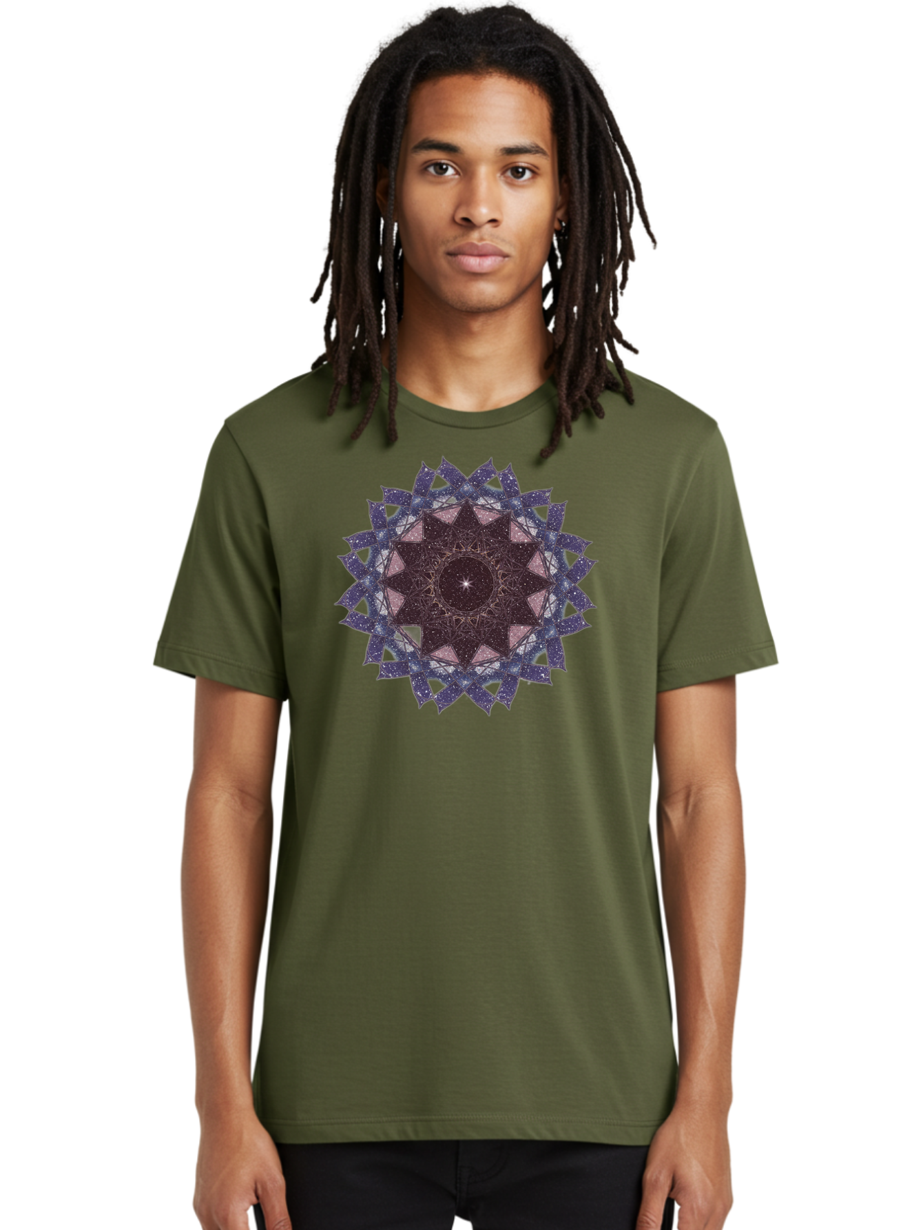 Sacred-Geometry-Star Men'S Graphic Tee, 100% Cotton, Comfortable Casual Summer Wear, Machine Washable, Sacred Geometry, Mandala Art, Geometric Patterns, Star Symbol, Spiritual Design, Mystical Shapes, Cosmic Theme, Intricate Details, Bad501 23