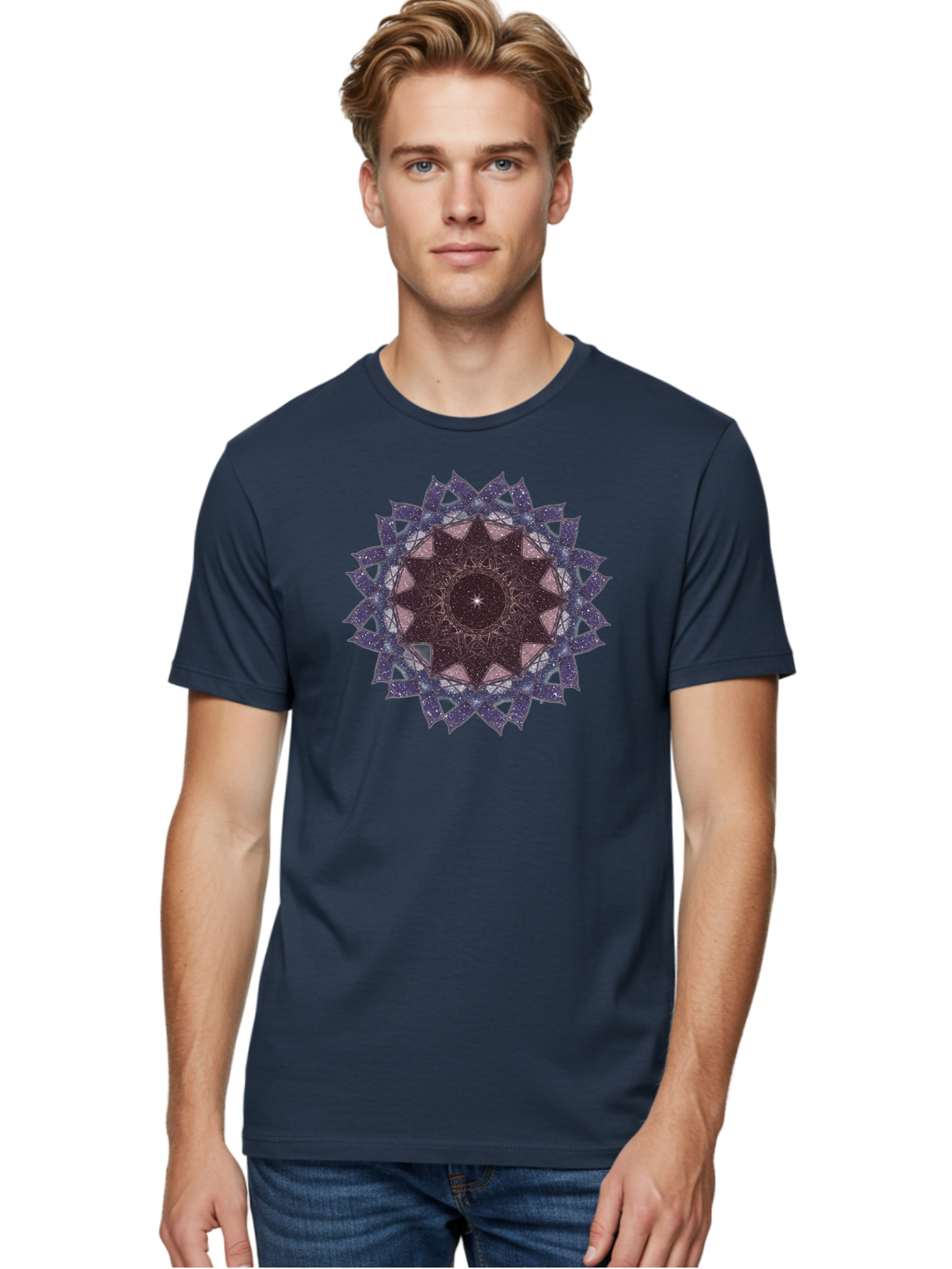 Sacred-Geometry-Star Men'S Graphic Tee, 100% Cotton, Comfortable Casual Summer Wear, Machine Washable, Sacred Geometry, Mandala Art, Geometric Patterns, Star Symbol, Spiritual Design, Mystical Shapes, Cosmic Theme, Intricate Details, Bad501 30