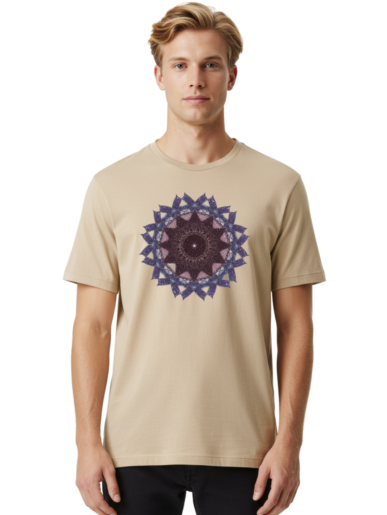 Sacred-Geometry-Star Men'S Graphic Tee, 100% Cotton, Comfortable Casual Summer Wear, Machine Washable, Sacred Geometry, Mandala Art, Geometric Patterns, Star Symbol, Spiritual Design, Mystical Shapes, Cosmic Theme, Intricate Details, Bad501 26