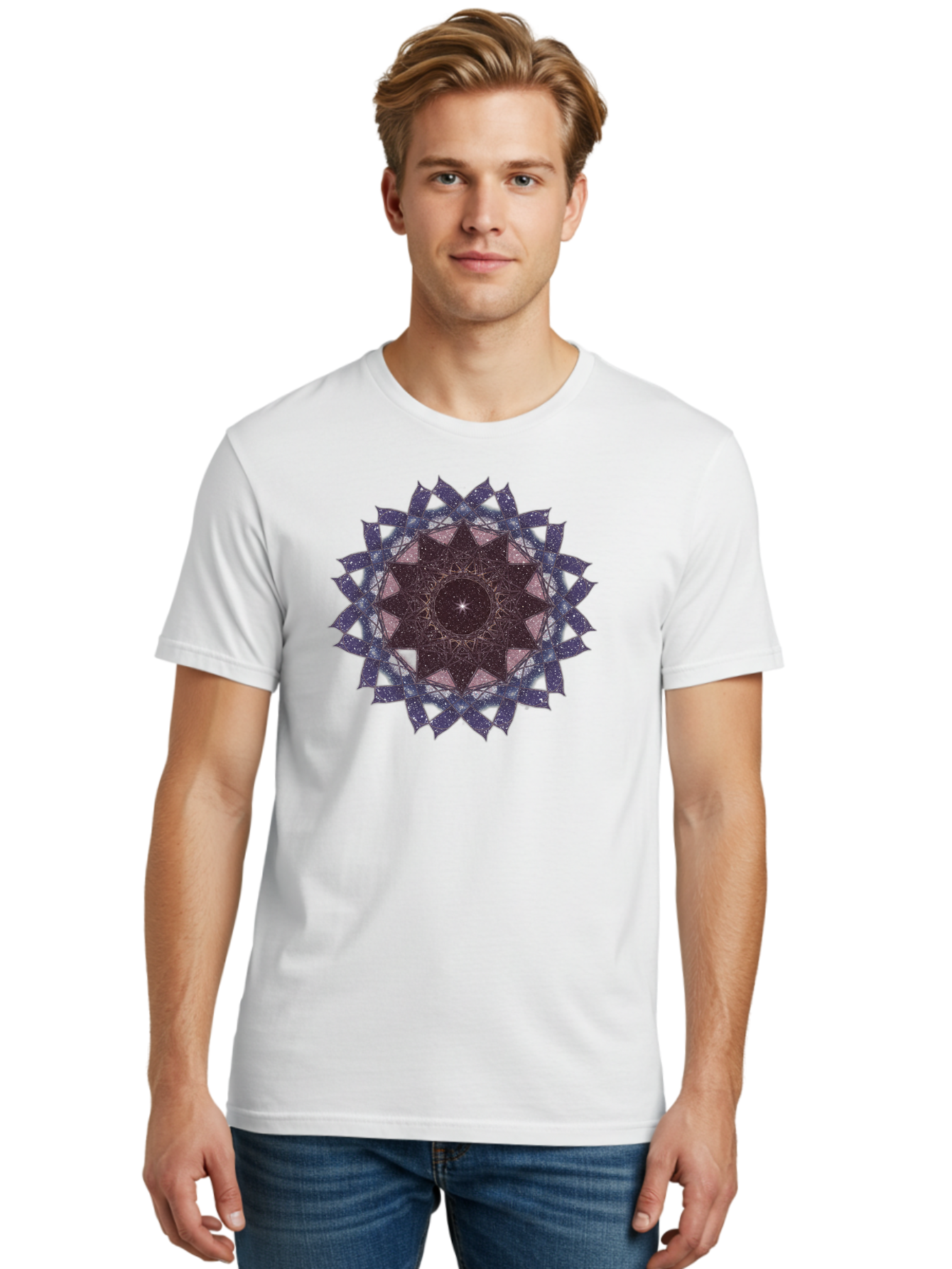 Sacred-Geometry-Star Men'S Graphic Tee, 100% Cotton, Comfortable Casual Summer Wear, Machine Washable, Sacred Geometry, Mandala Art, Geometric Patterns, Star Symbol, Spiritual Design, Mystical Shapes, Cosmic Theme, Intricate Details, Bad501 19