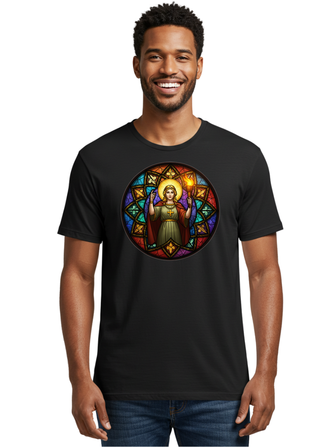 Saint-With-Torch-Stained-Glass Men'S Graphic Tee, 100% Cotton, Comfortable Casual Summer Wear, Machine Washable, Stained Glass Window, Saint With Torch, Cross Pendant, Floral Patterns, Vibrant Colors, Religious Art, Sacred Imagery, Bad505 16