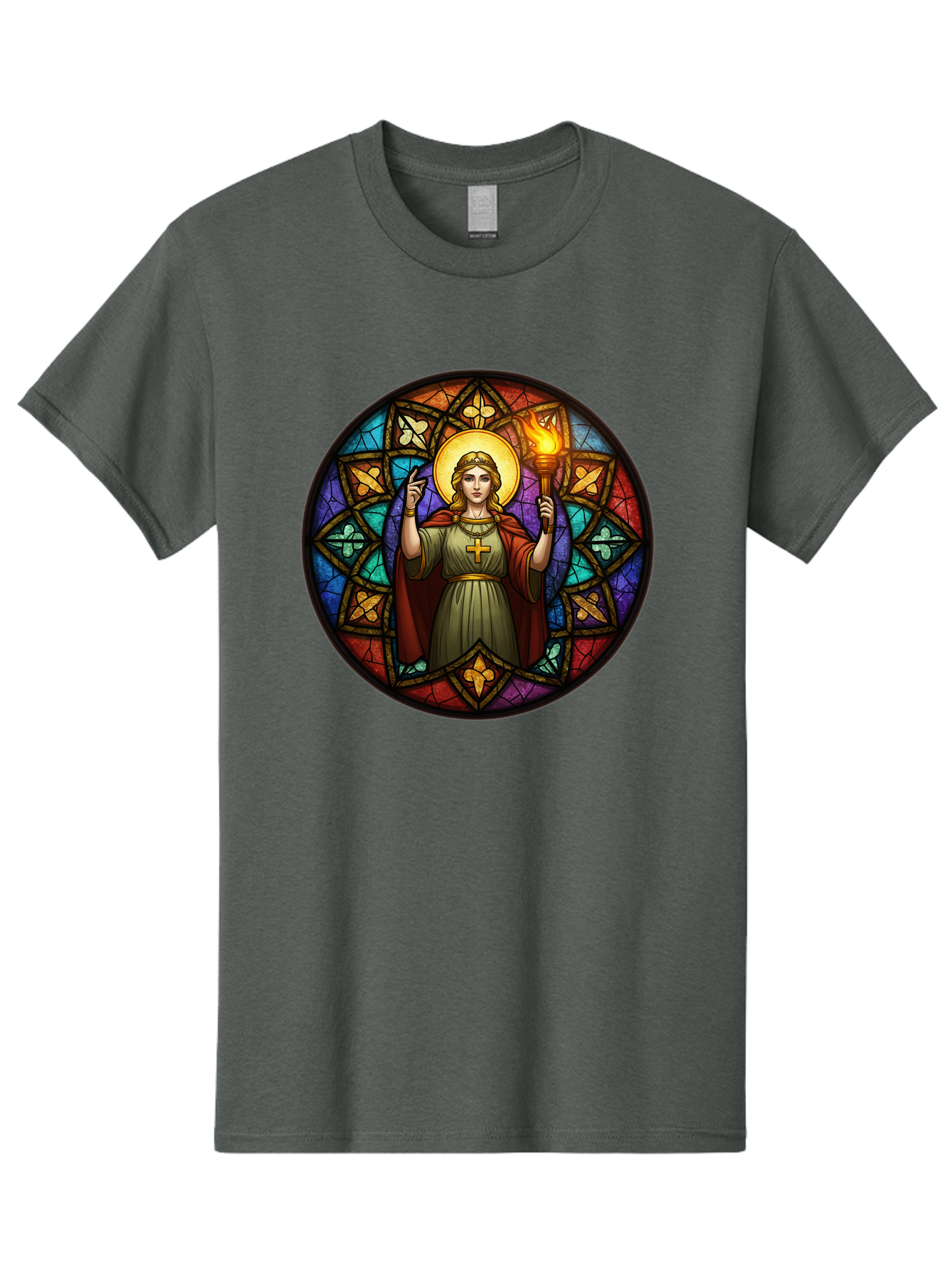 Saint-With-Torch-Stained-Glass Men'S Graphic Tee, 100% Cotton, Comfortable Casual Summer Wear, Machine Washable, Stained Glass Window, Saint With Torch, Cross Pendant, Floral Patterns, Vibrant Colors, Religious Art, Sacred Imagery, Bad505 13