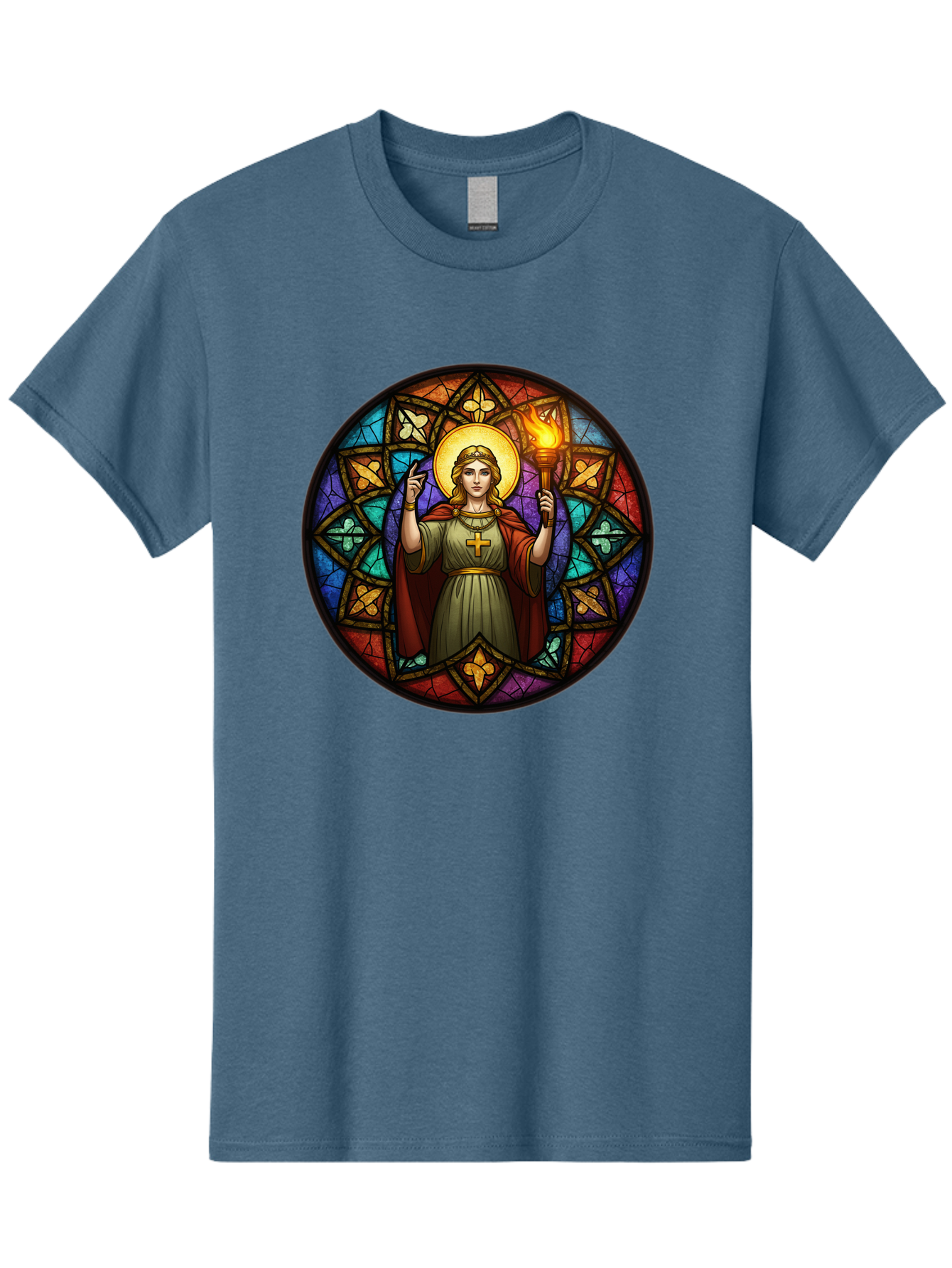 Saint-With-Torch-Stained-Glass Men'S Graphic Tee, 100% Cotton, Comfortable Casual Summer Wear, Machine Washable, Stained Glass Window, Saint With Torch, Cross Pendant, Floral Patterns, Vibrant Colors, Religious Art, Sacred Imagery, Bad505 6
