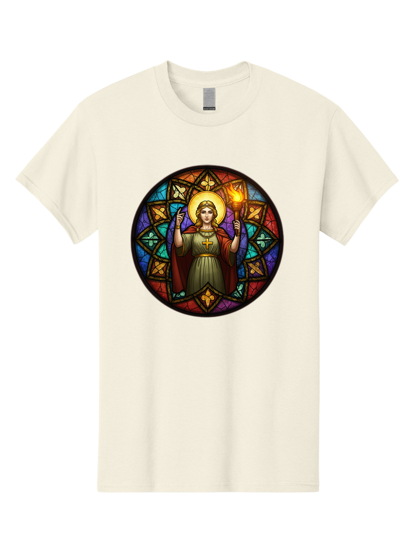 Saint-With-Torch-Stained-Glass Men'S Graphic Tee, 100% Cotton, Comfortable Casual Summer Wear, Machine Washable, Stained Glass Window, Saint With Torch, Cross Pendant, Floral Patterns, Vibrant Colors, Religious Art, Sacred Imagery, Bad505 4