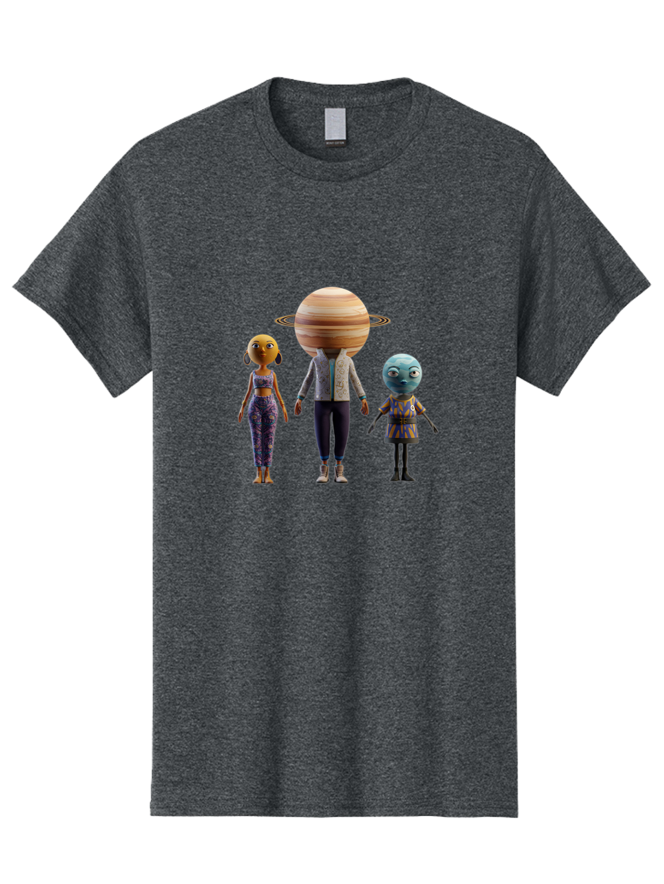 Saturn-Character-Trio Men'S Graphic Tee, 100% Cotton, Comfortable Casual Summer Wear, Machine Washable, Cartoon Characters, Futuristic Fashion, Space-Themed, Saturn Head, Planetary Rings, Alien Features, Colorful Outfits, 3D Rendering, Bad510 9