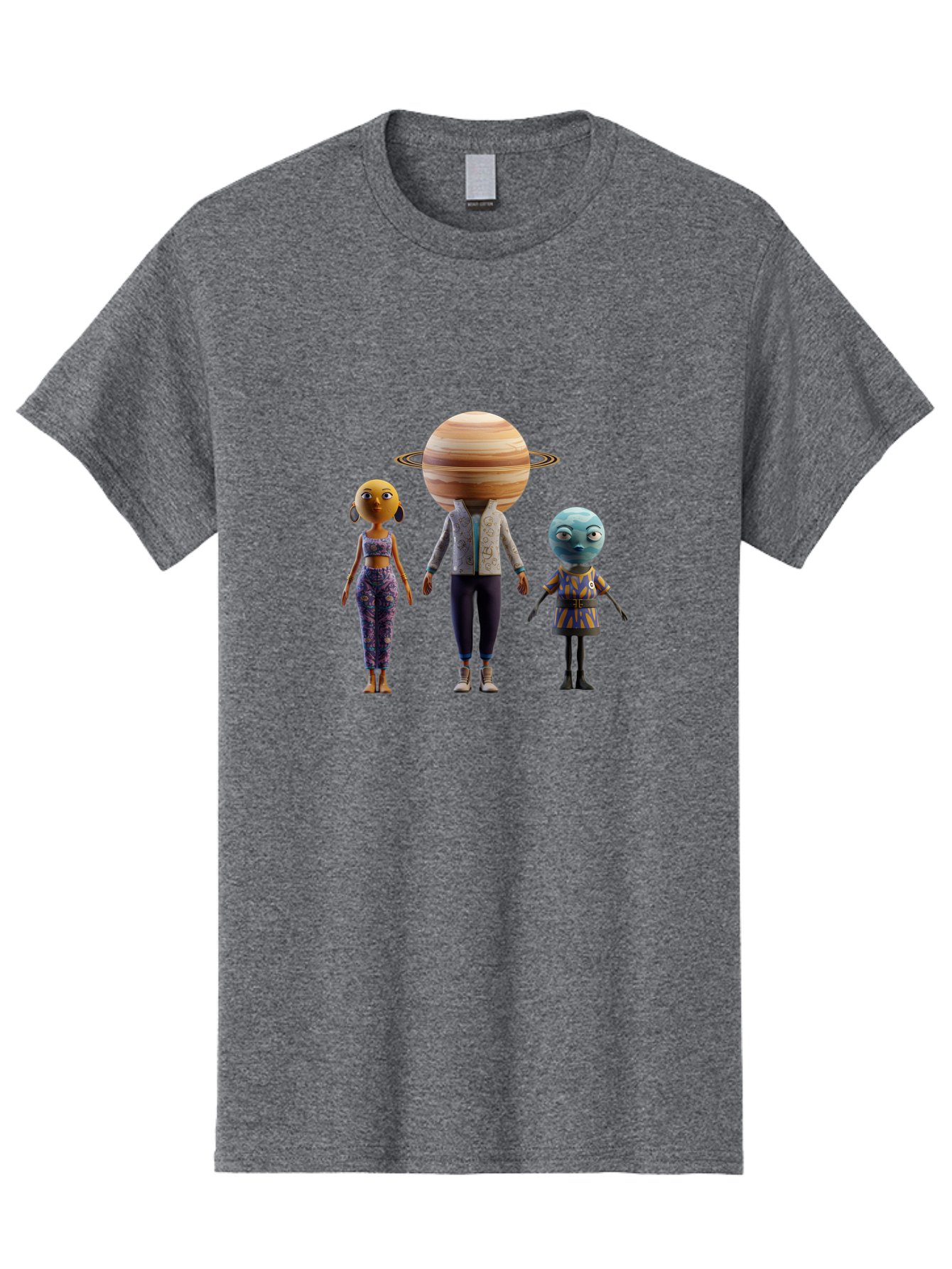 Saturn-Character-Trio Men'S Graphic Tee, 100% Cotton, Comfortable Casual Summer Wear, Machine Washable, Cartoon Characters, Futuristic Fashion, Space-Themed, Saturn Head, Planetary Rings, Alien Features, Colorful Outfits, 3D Rendering, Bad510 8