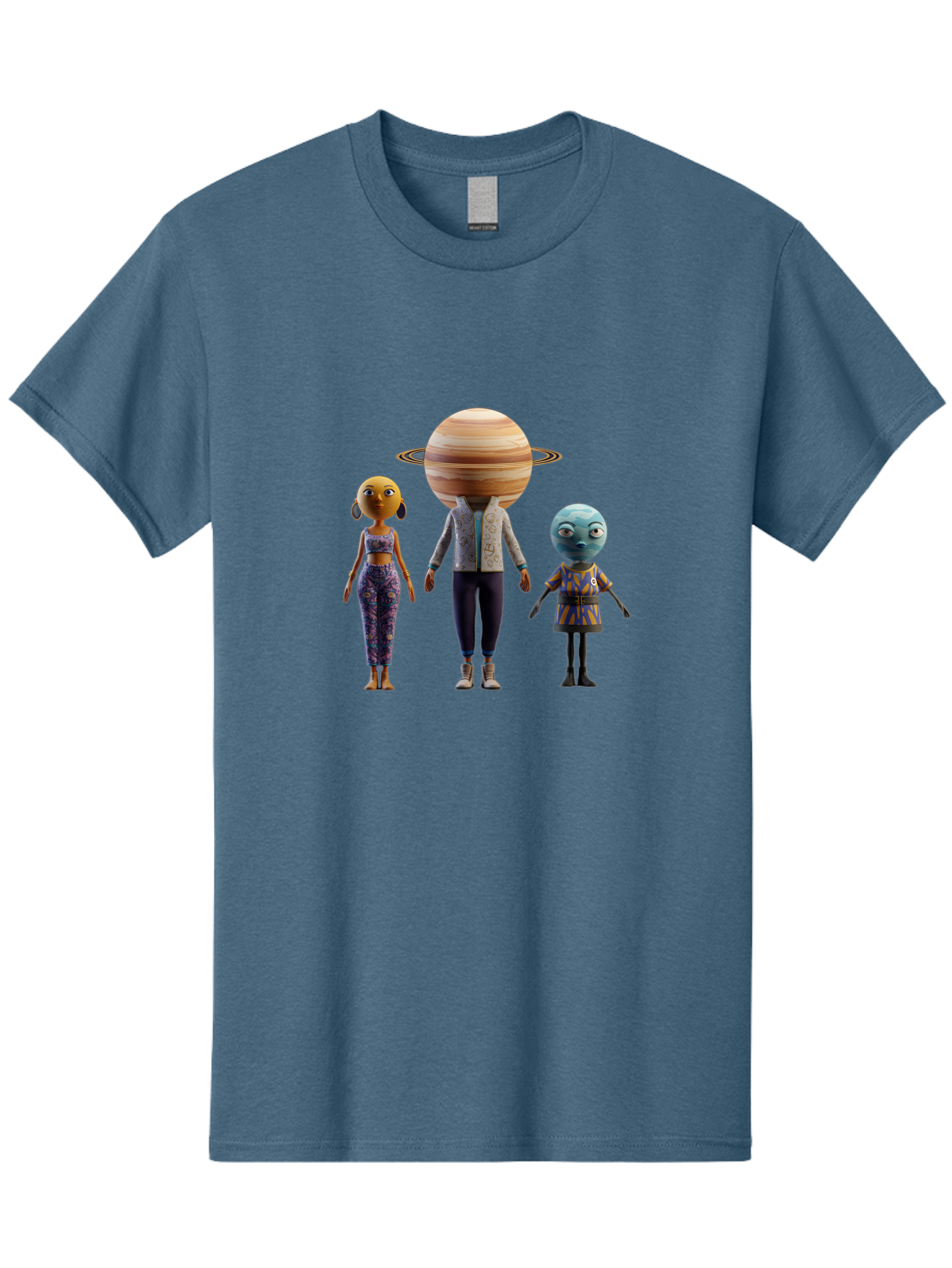 Saturn-Character-Trio Men'S Graphic Tee, 100% Cotton, Comfortable Casual Summer Wear, Machine Washable, Cartoon Characters, Futuristic Fashion, Space-Themed, Saturn Head, Planetary Rings, Alien Features, Colorful Outfits, 3D Rendering, Bad510 4