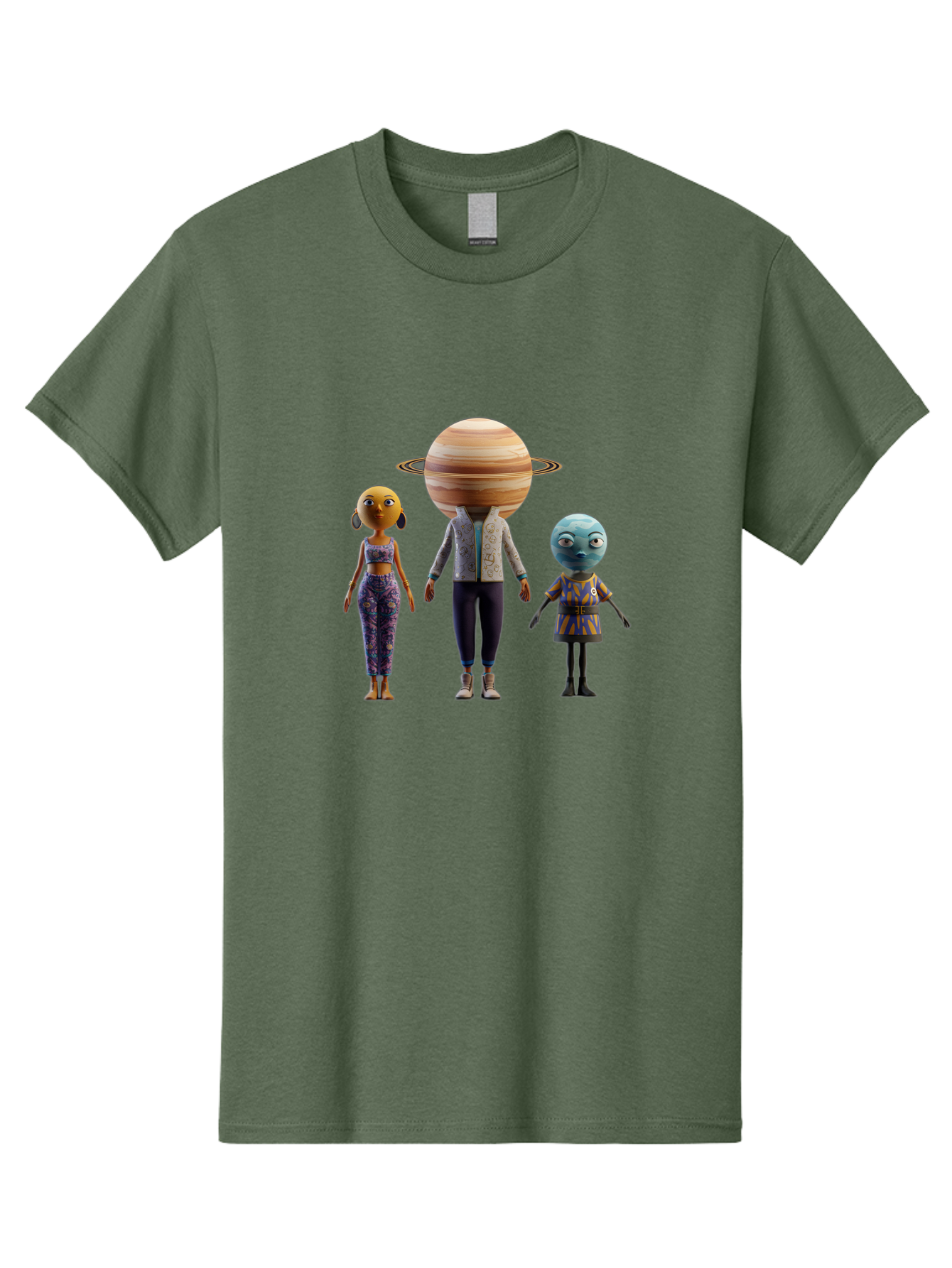 Saturn-Character-Trio Men'S Graphic Tee, 100% Cotton, Comfortable Casual Summer Wear, Machine Washable, Cartoon Characters, Futuristic Fashion, Space-Themed, Saturn Head, Planetary Rings, Alien Features, Colorful Outfits, 3D Rendering, Bad510 3
