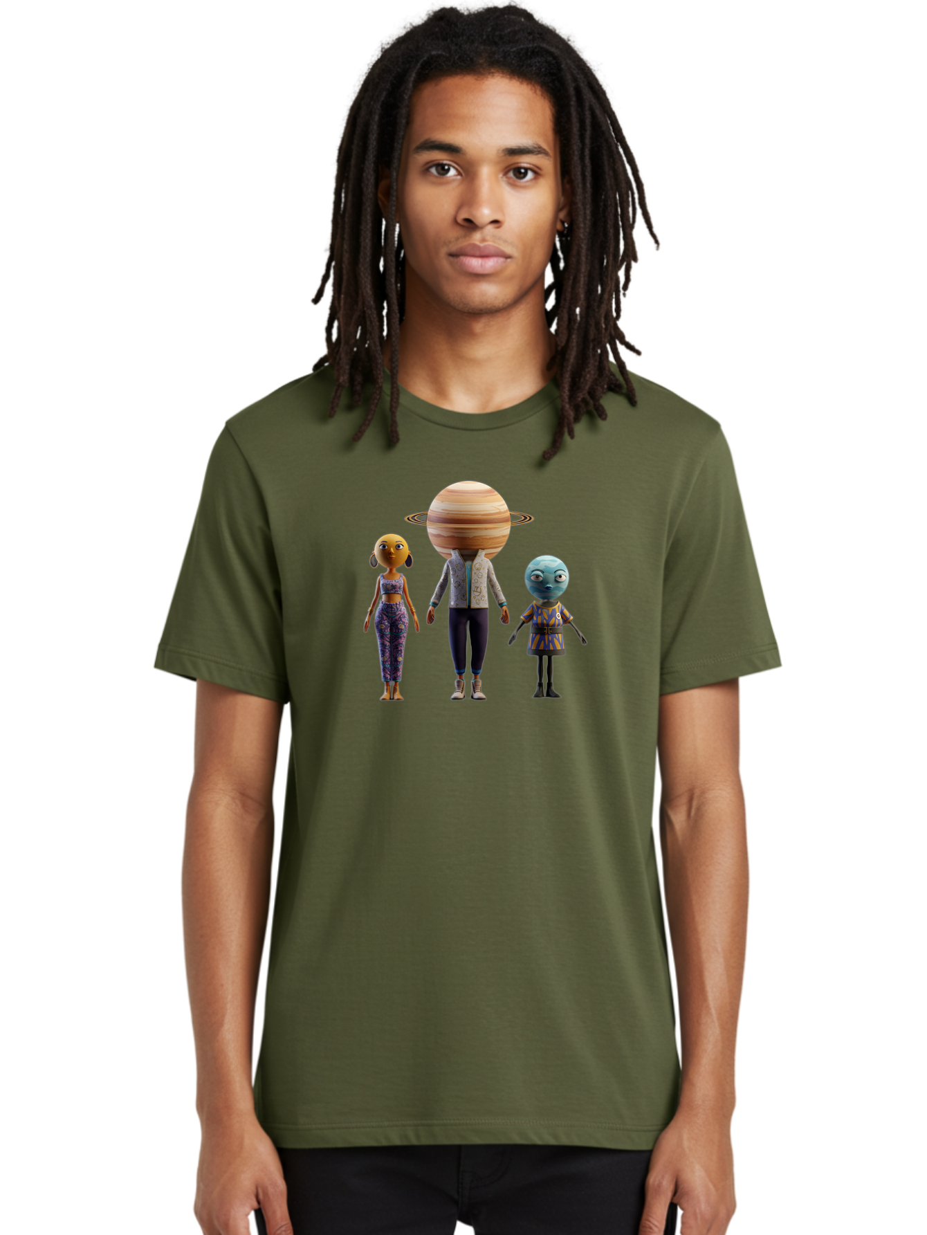 Saturn-Character-Trio Men'S Graphic Tee, 100% Cotton, Comfortable Casual Summer Wear, Machine Washable, Cartoon Characters, Futuristic Fashion, Space-Themed, Saturn Head, Planetary Rings, Alien Features, Colorful Outfits, 3D Rendering, Bad510 18
