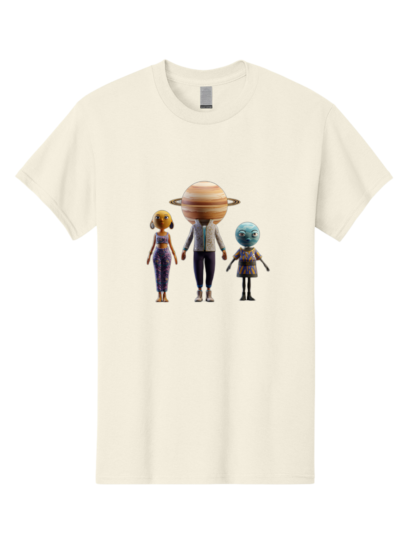 Saturn-Character-Trio Men'S Graphic Tee, 100% Cotton, Comfortable Casual Summer Wear, Machine Washable, Cartoon Characters, Futuristic Fashion, Space-Themed, Saturn Head, Planetary Rings, Alien Features, Colorful Outfits, 3D Rendering, Bad510 15