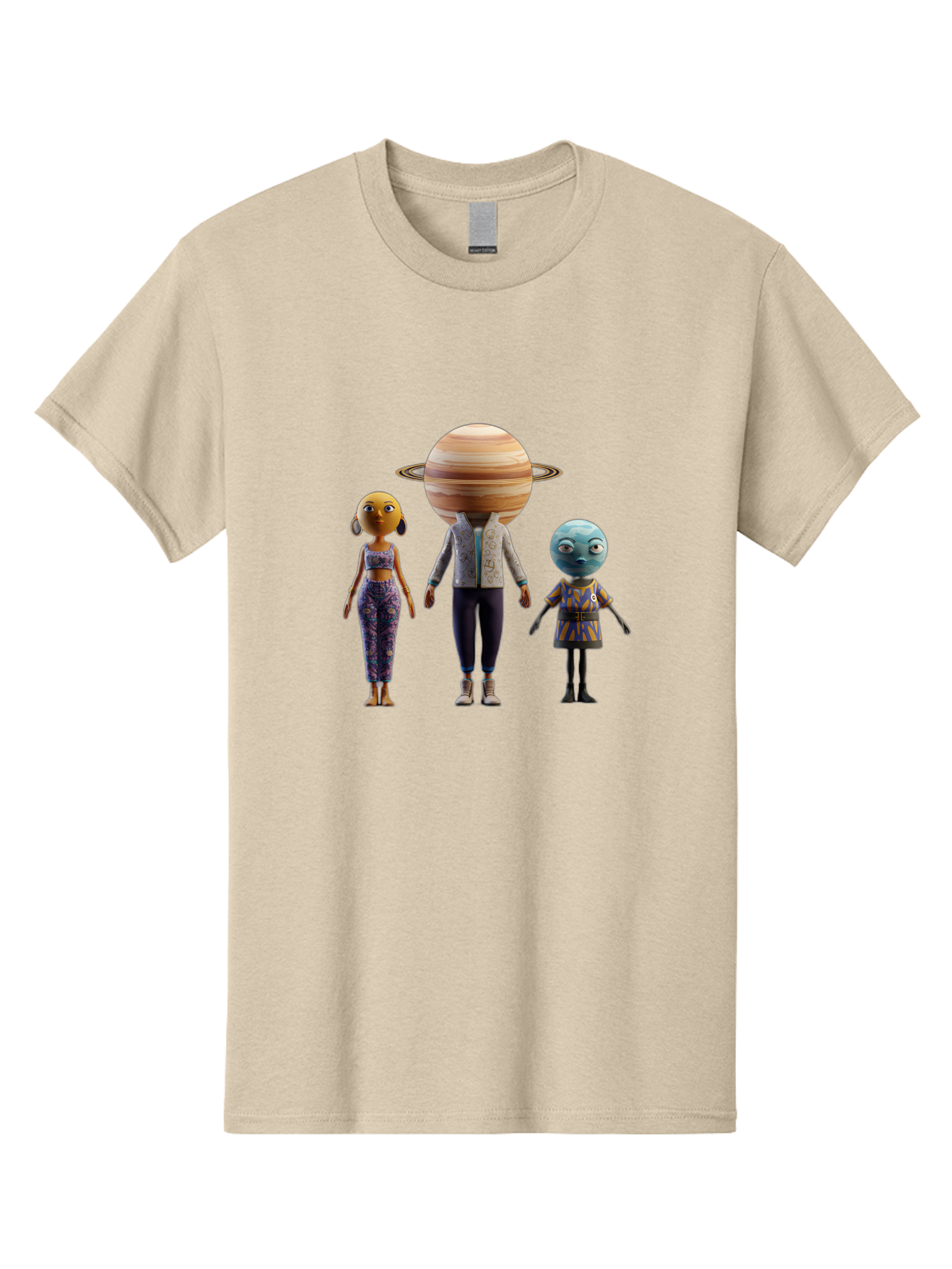 Saturn-Character-Trio Men'S Graphic Tee, 100% Cotton, Comfortable Casual Summer Wear, Machine Washable, Cartoon Characters, Futuristic Fashion, Space-Themed, Saturn Head, Planetary Rings, Alien Features, Colorful Outfits, 3D Rendering, Bad510 5