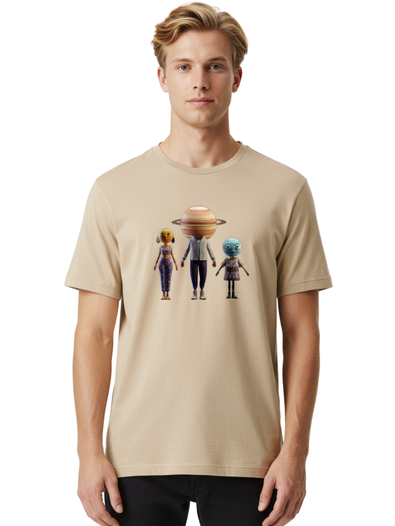 Saturn-Character-Trio Men'S Graphic Tee, 100% Cotton, Comfortable Casual Summer Wear, Machine Washable, Cartoon Characters, Futuristic Fashion, Space-Themed, Saturn Head, Planetary Rings, Alien Features, Colorful Outfits, 3D Rendering, Bad510 20