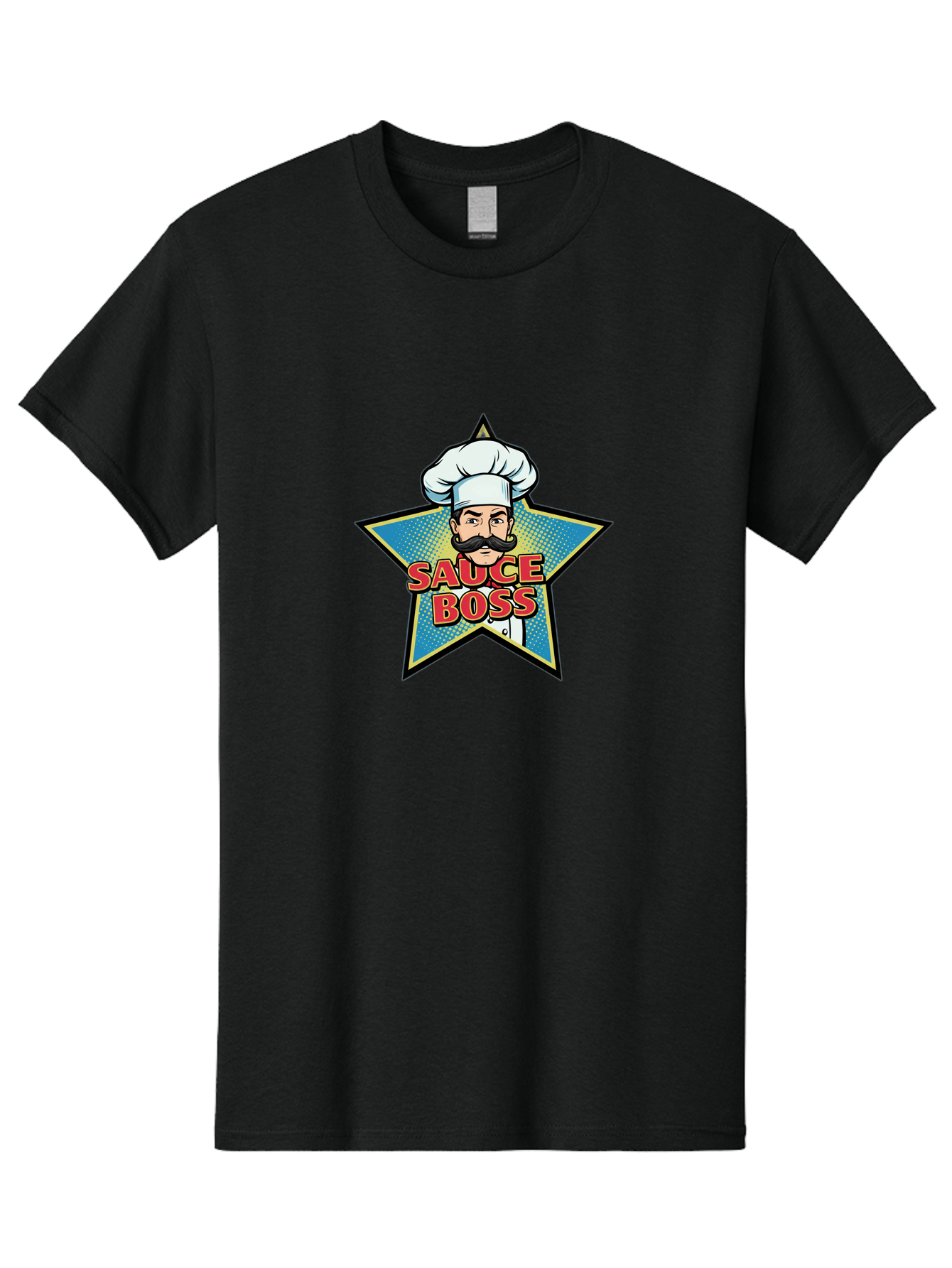 Sauce-Boss Men'S Graphic Tee, 100% Cotton, Comfortable Casual Summer Wear, Machine Washable, Cartoon Chef, White Hat, Mustache, Star Badge, Sauce Boss, Food Logo, Culinary Expert, Restaurant Branding, Chef Character Bad512 9