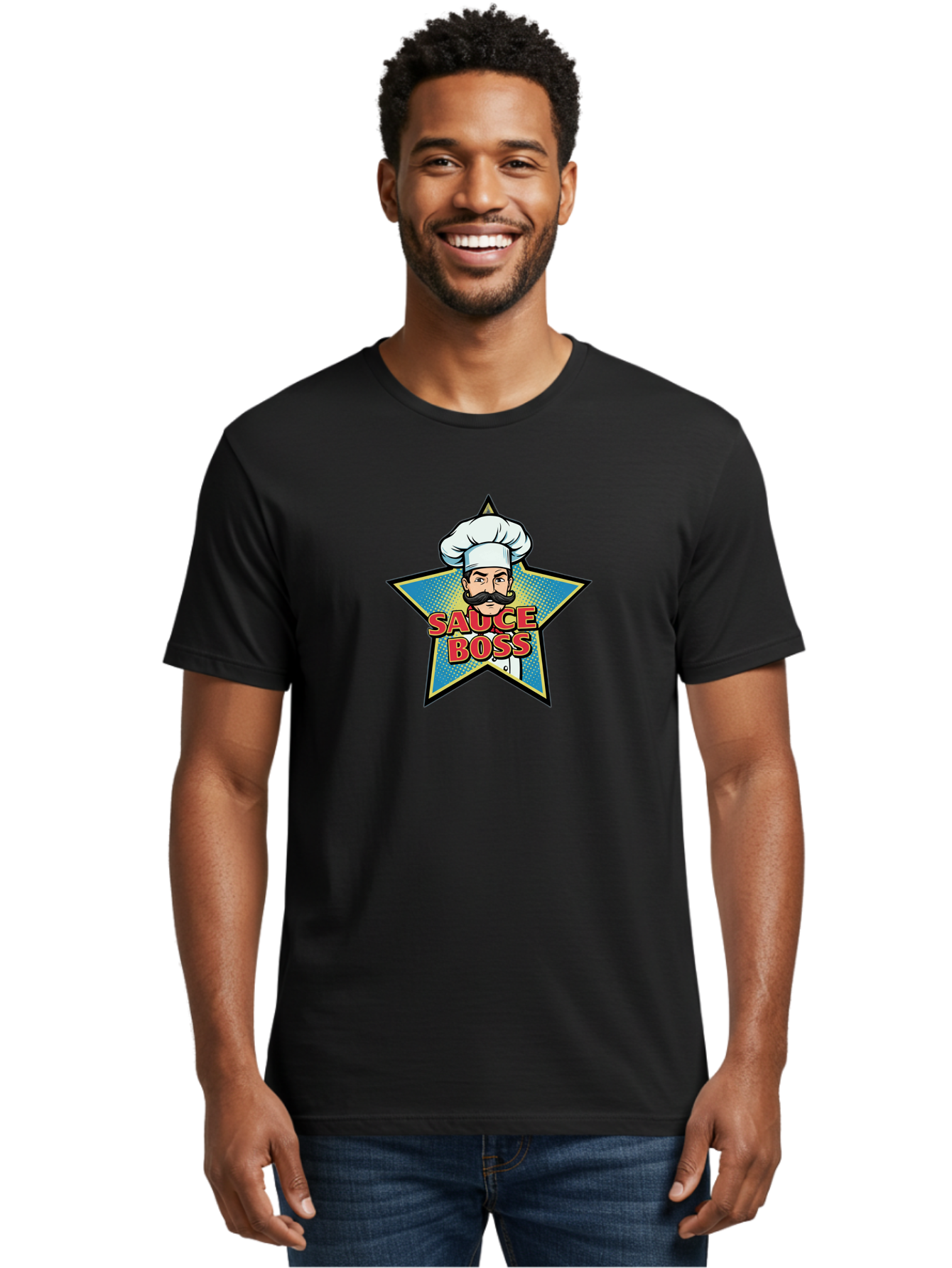 Sauce-Boss Men'S Graphic Tee, 100% Cotton, Comfortable Casual Summer Wear, Machine Washable, Cartoon Chef, White Hat, Mustache, Star Badge, Sauce Boss, Food Logo, Culinary Expert, Restaurant Branding, Chef Character Bad512 24