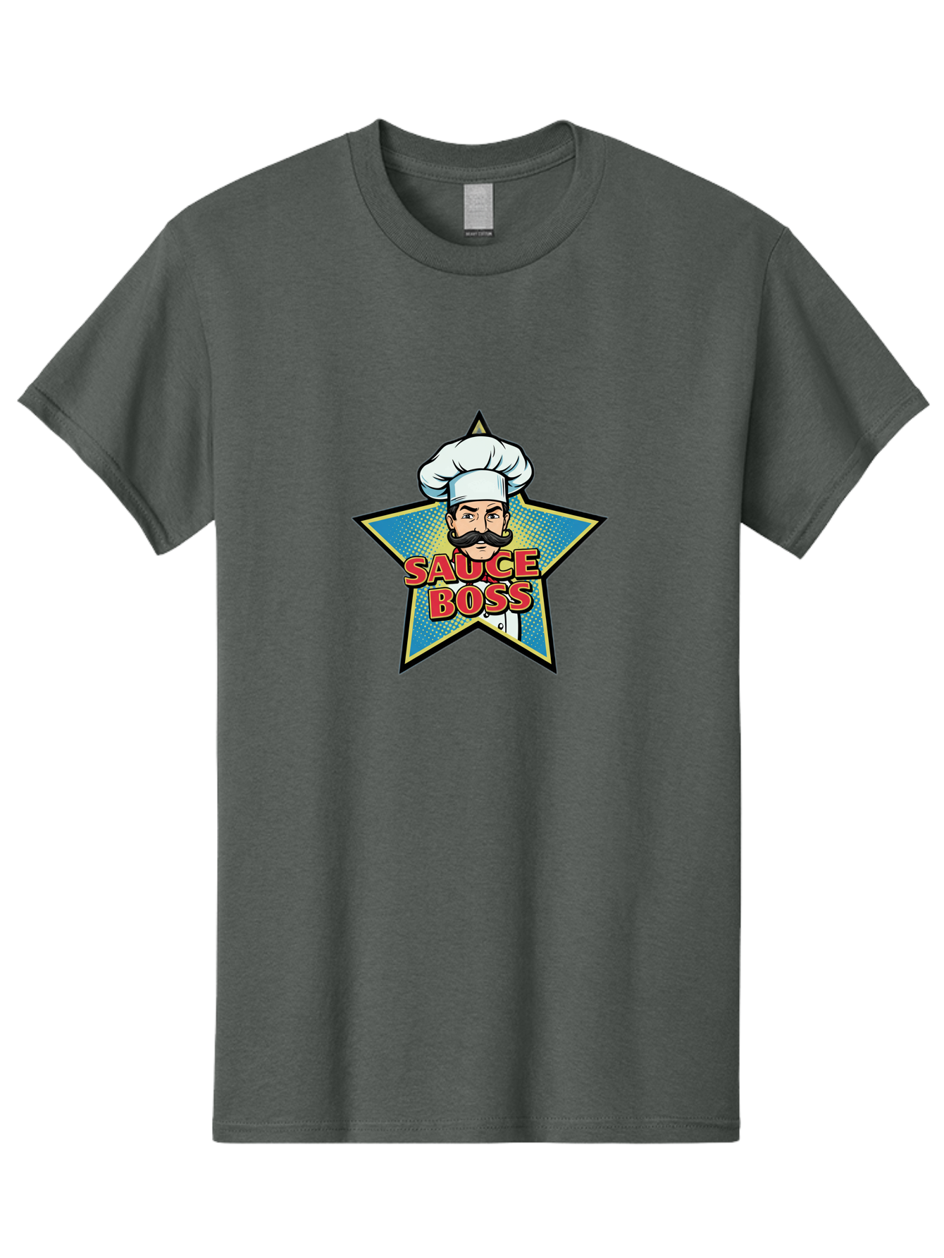 Sauce-Boss Men'S Graphic Tee, 100% Cotton, Comfortable Casual Summer Wear, Machine Washable, Cartoon Chef, White Hat, Mustache, Star Badge, Sauce Boss, Food Logo, Culinary Expert, Restaurant Branding, Chef Character Bad512 15