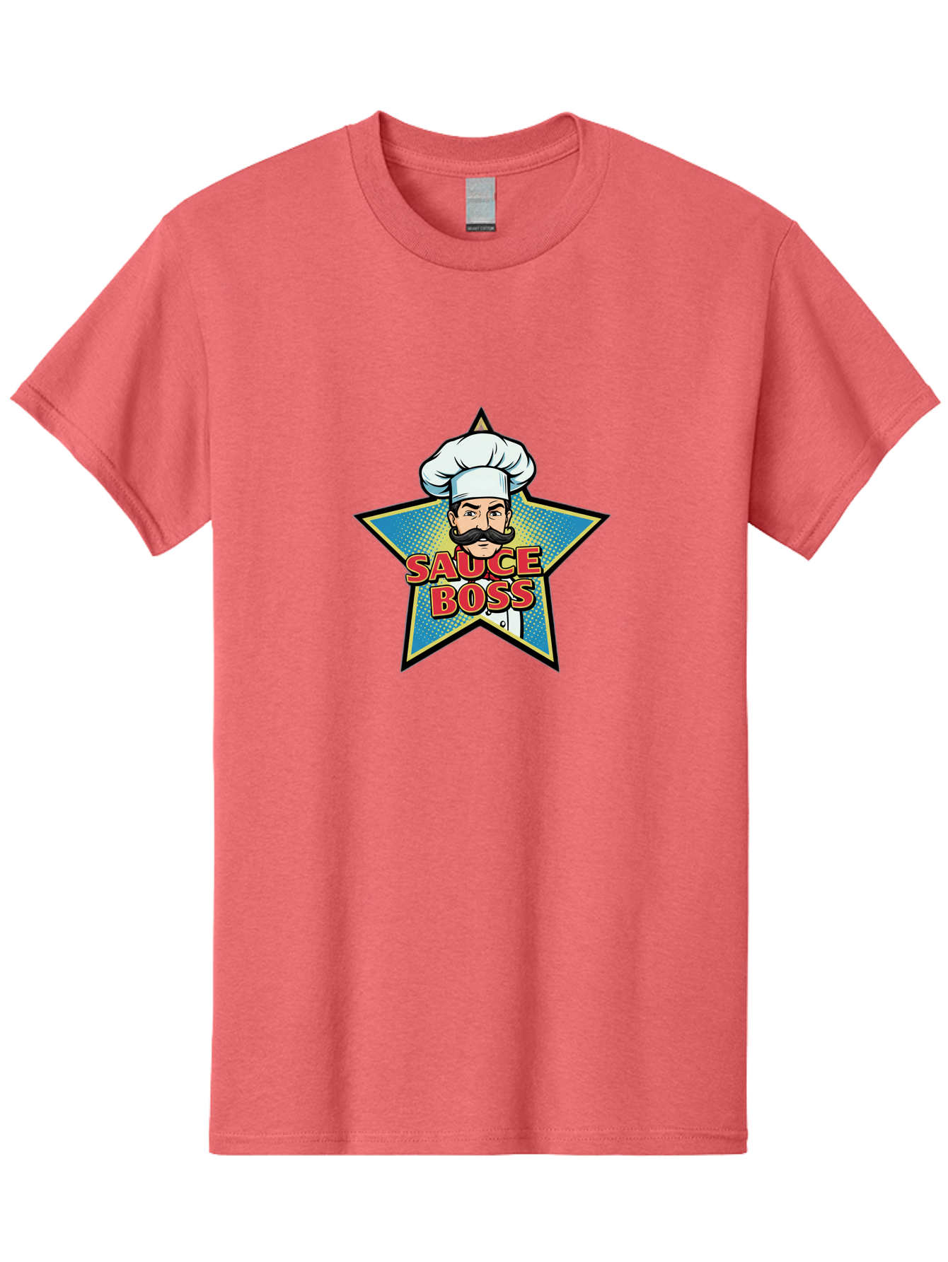 Sauce-Boss Men'S Graphic Tee, 100% Cotton, Comfortable Casual Summer Wear, Machine Washable, Cartoon Chef, White Hat, Mustache, Star Badge, Sauce Boss, Food Logo, Culinary Expert, Restaurant Branding, Chef Character Bad512 6