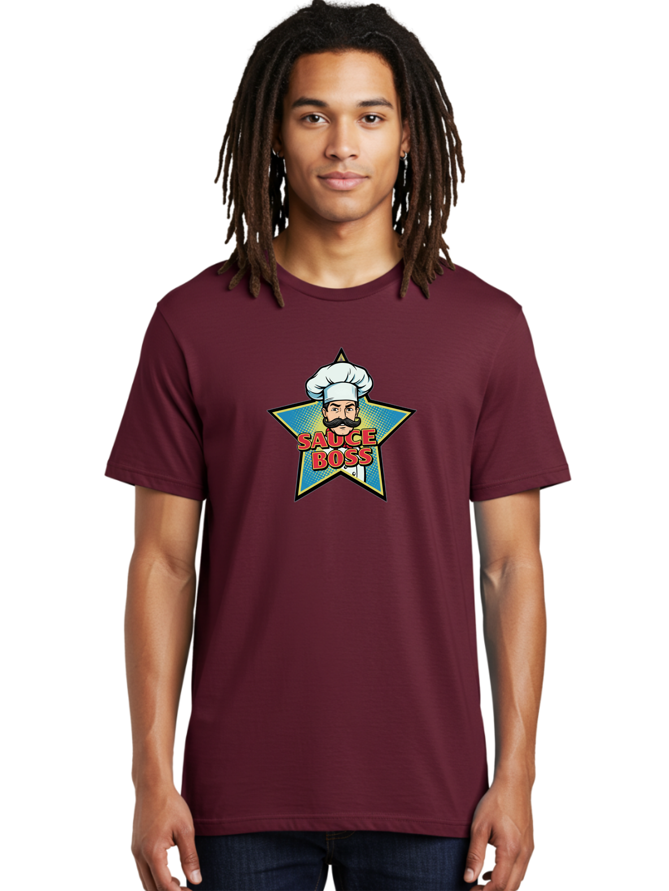 Sauce-Boss Men'S Graphic Tee, 100% Cotton, Comfortable Casual Summer Wear, Machine Washable, Cartoon Chef, White Hat, Mustache, Star Badge, Sauce Boss, Food Logo, Culinary Expert, Restaurant Branding, Chef Character Bad512 22