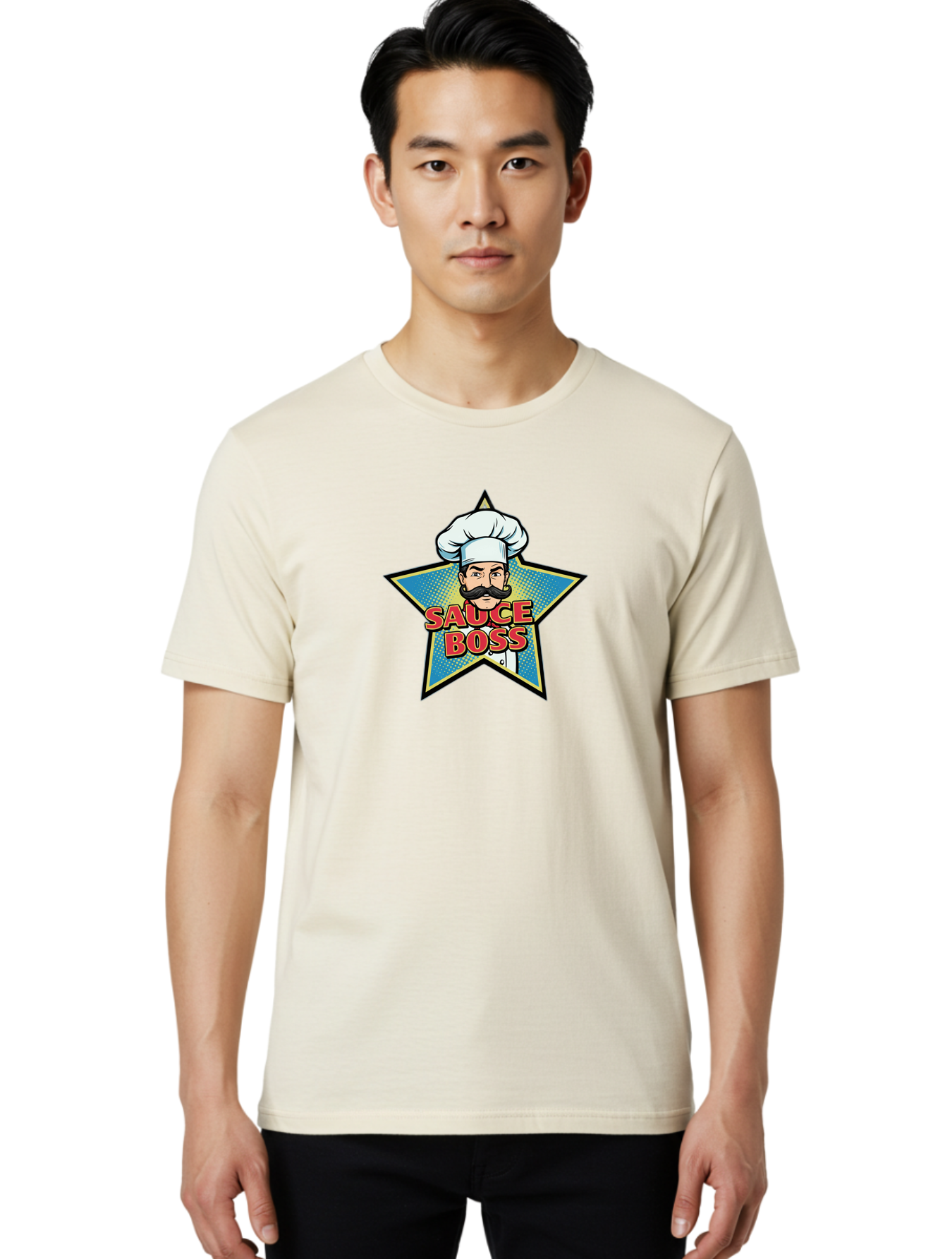 Sauce-Boss Men'S Graphic Tee, 100% Cotton, Comfortable Casual Summer Wear, Machine Washable, Cartoon Chef, White Hat, Mustache, Star Badge, Sauce Boss, Food Logo, Culinary Expert, Restaurant Branding, Chef Character Bad512 20