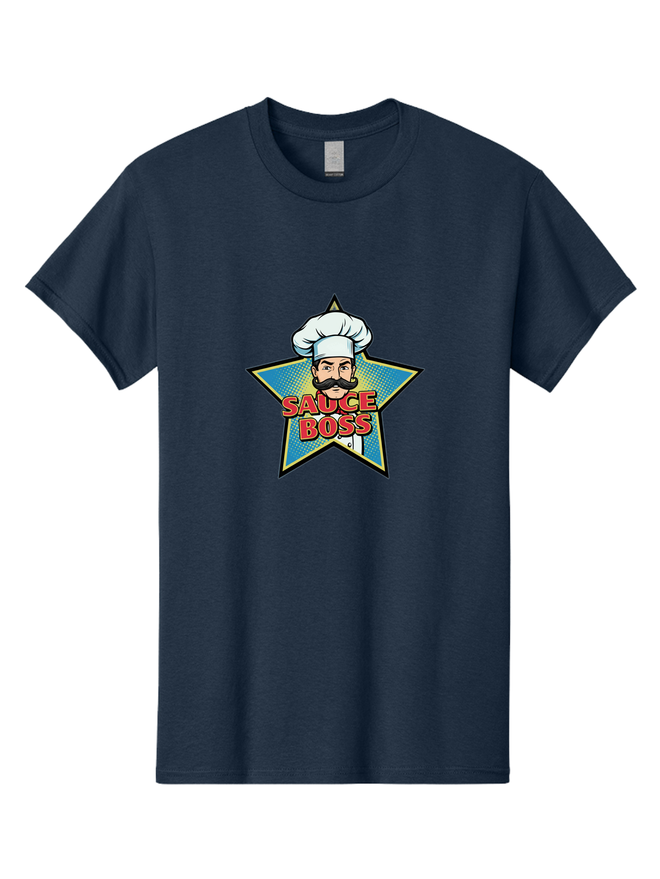 Sauce-Boss Men'S Graphic Tee, 100% Cotton, Comfortable Casual Summer Wear, Machine Washable, Cartoon Chef, White Hat, Mustache, Star Badge, Sauce Boss, Food Logo, Culinary Expert, Restaurant Branding, Chef Character Bad512 11