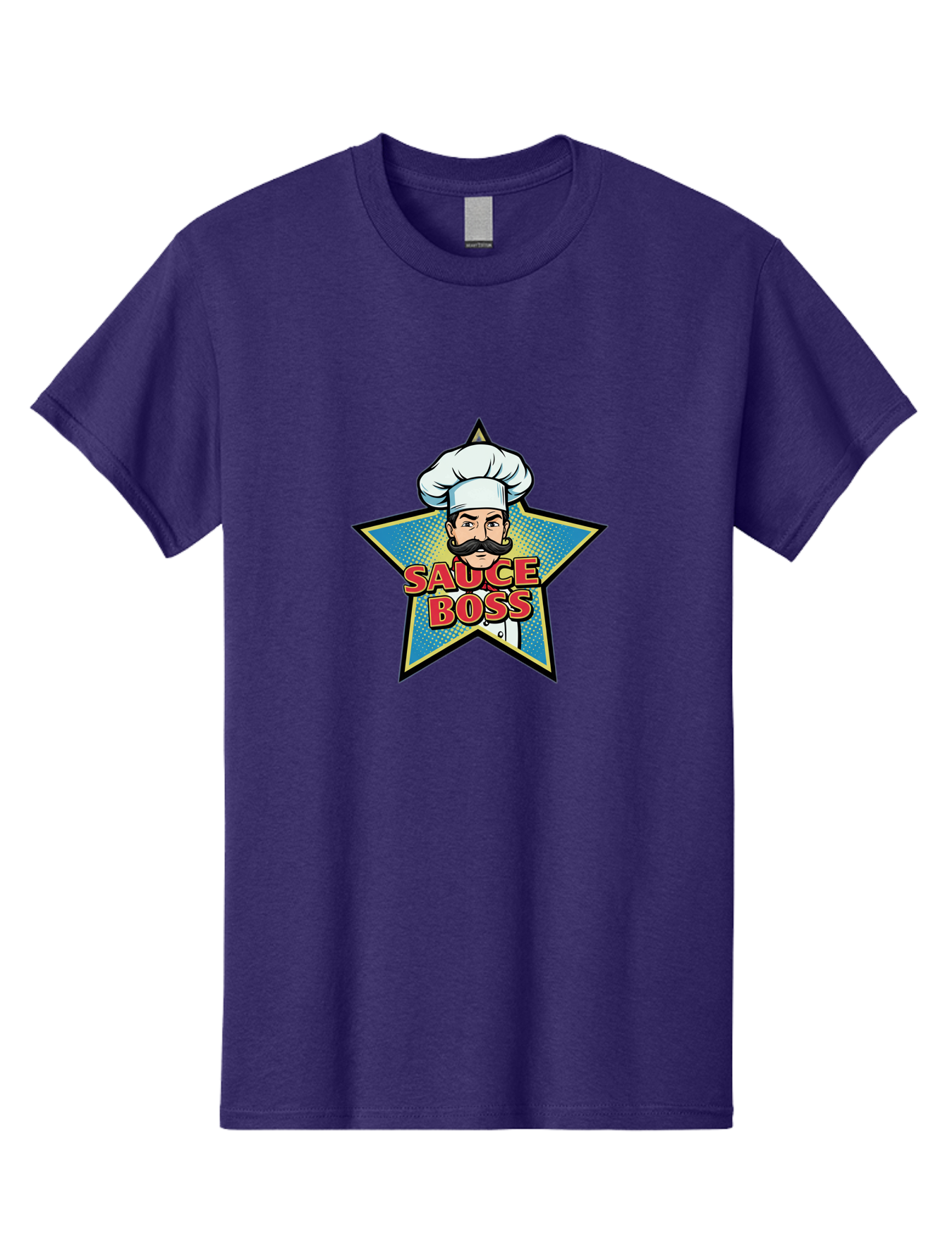 Sauce-Boss Men'S Graphic Tee, 100% Cotton, Comfortable Casual Summer Wear, Machine Washable, Cartoon Chef, White Hat, Mustache, Star Badge, Sauce Boss, Food Logo, Culinary Expert, Restaurant Branding, Chef Character Bad512 12