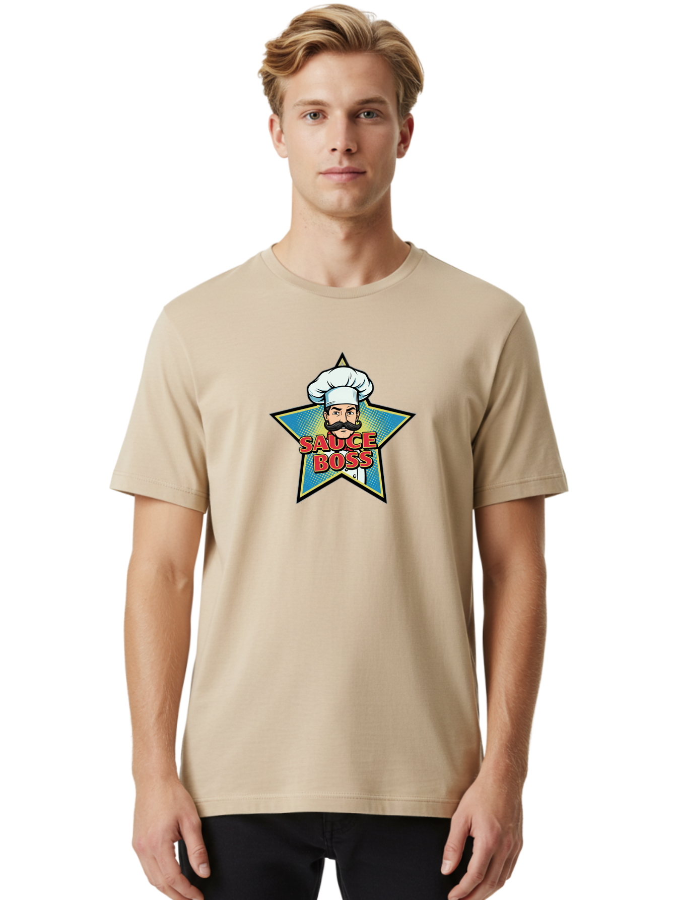Sauce-Boss Men'S Graphic Tee, 100% Cotton, Comfortable Casual Summer Wear, Machine Washable, Cartoon Chef, White Hat, Mustache, Star Badge, Sauce Boss, Food Logo, Culinary Expert, Restaurant Branding, Chef Character Bad512 16