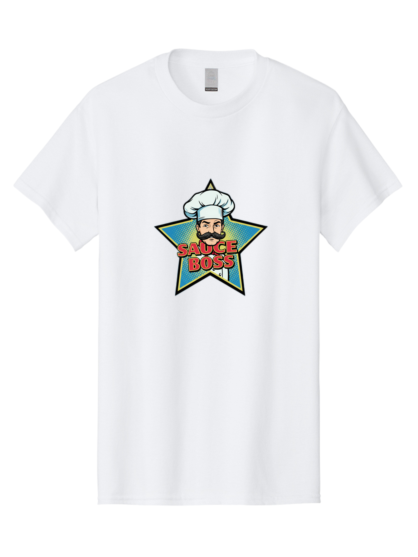 Sauce-Boss Men'S Graphic Tee, 100% Cotton, Comfortable Casual Summer Wear, Machine Washable, Cartoon Chef, White Hat, Mustache, Star Badge, Sauce Boss, Food Logo, Culinary Expert, Restaurant Branding, Chef Character Bad512 10