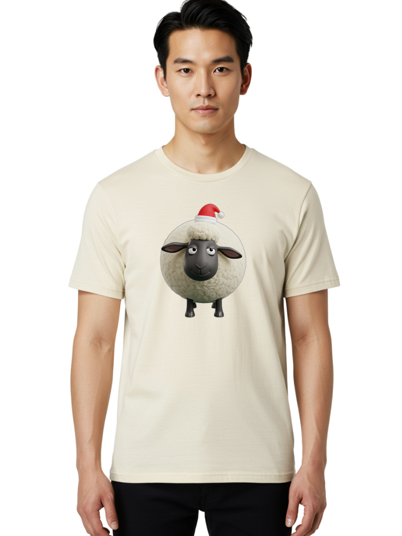Shaun-The-Sheep-Christmas Men'S Graphic Tee, 100% Cotton, Comfortable Casual Summer Wear, Machine Washable, Cartoon Sheep, Shaun The Sheep, Fluffy White Sheep, Christmas Hat, Red And White Santa Hat, Funny Character, 3D Animation, Bad538 20