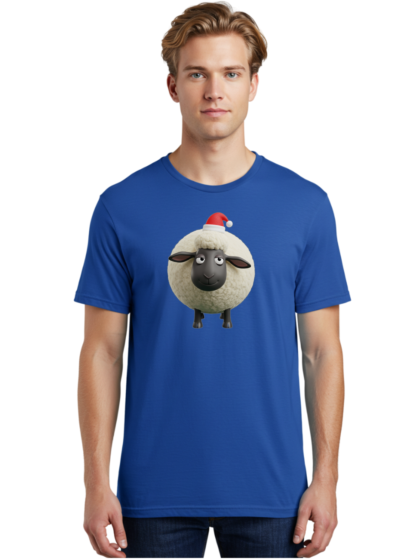 Shaun-The-Sheep-Christmas Men'S Graphic Tee, 100% Cotton, Comfortable Casual Summer Wear, Machine Washable, Cartoon Sheep, Shaun The Sheep, Fluffy White Sheep, Christmas Hat, Red And White Santa Hat, Funny Character, 3D Animation, Bad538 30