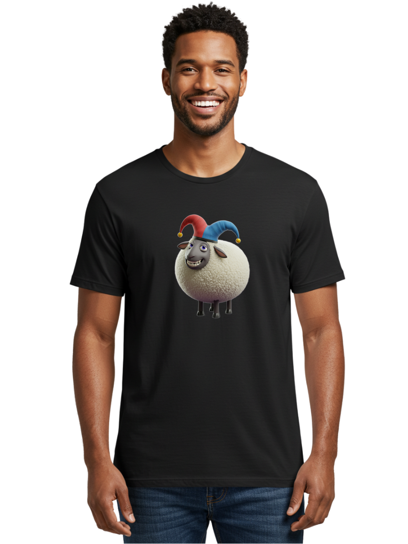 Shaun-The-Sheep-Jester-Hat Men'S Graphic Tee, 100% Cotton, Comfortable Casual Summer Wear, Machine Washable, Cartoon Sheep, Funny Character, Jester Hat, Red And Blue Hat, Animated Animal, Sheep Character, Humorous Illustration, Playful Design Bad539 18