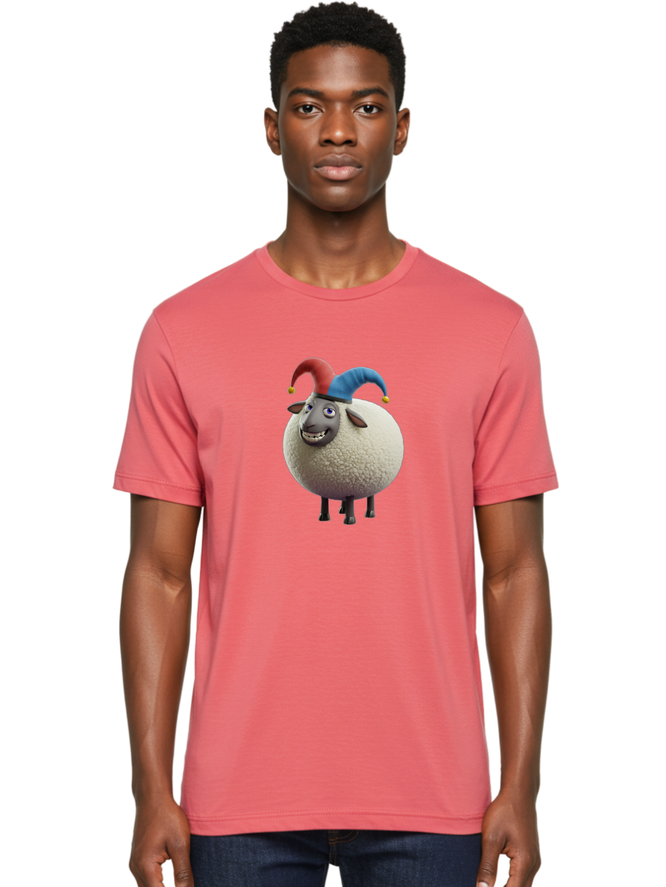 Shaun-The-Sheep-Jester-Hat Men'S Graphic Tee, 100% Cotton, Comfortable Casual Summer Wear, Machine Washable, Cartoon Sheep, Funny Character, Jester Hat, Red And Blue Hat, Animated Animal, Sheep Character, Humorous Illustration, Playful Design Bad539 25