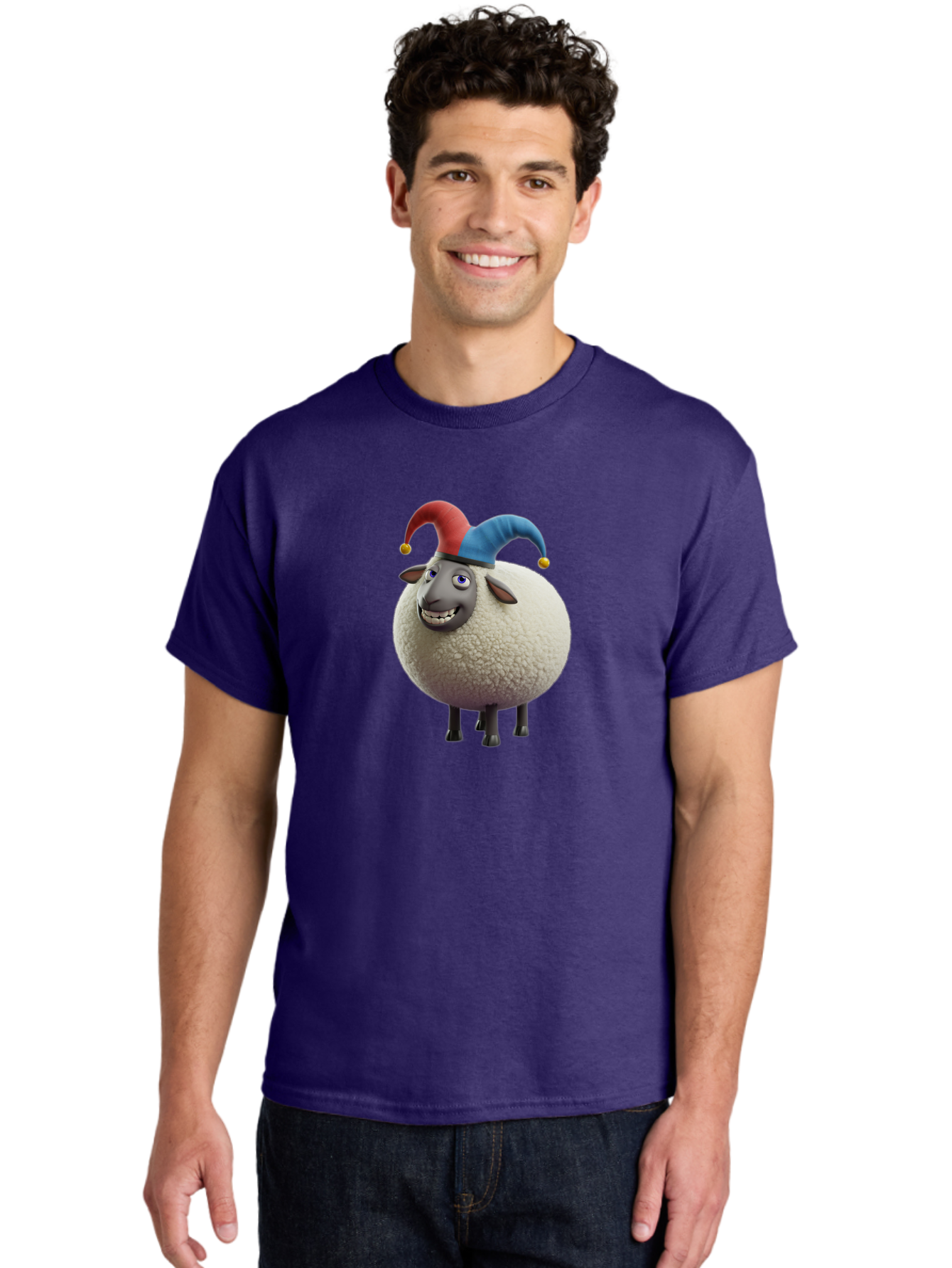 Shaun-The-Sheep-Jester-Hat Men'S Graphic Tee, 100% Cotton, Comfortable Casual Summer Wear, Machine Washable, Cartoon Sheep, Funny Character, Jester Hat, Red And Blue Hat, Animated Animal, Sheep Character, Humorous Illustration, Playful Design Bad539 22