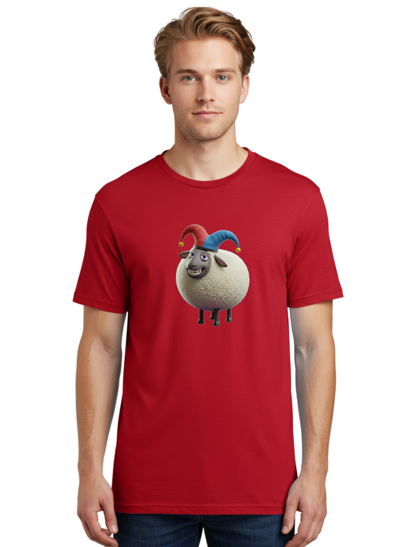 Shaun-The-Sheep-Jester-Hat Men'S Graphic Tee, 100% Cotton, Comfortable Casual Summer Wear, Machine Washable, Cartoon Sheep, Funny Character, Jester Hat, Red And Blue Hat, Animated Animal, Sheep Character, Humorous Illustration, Playful Design Bad539 30