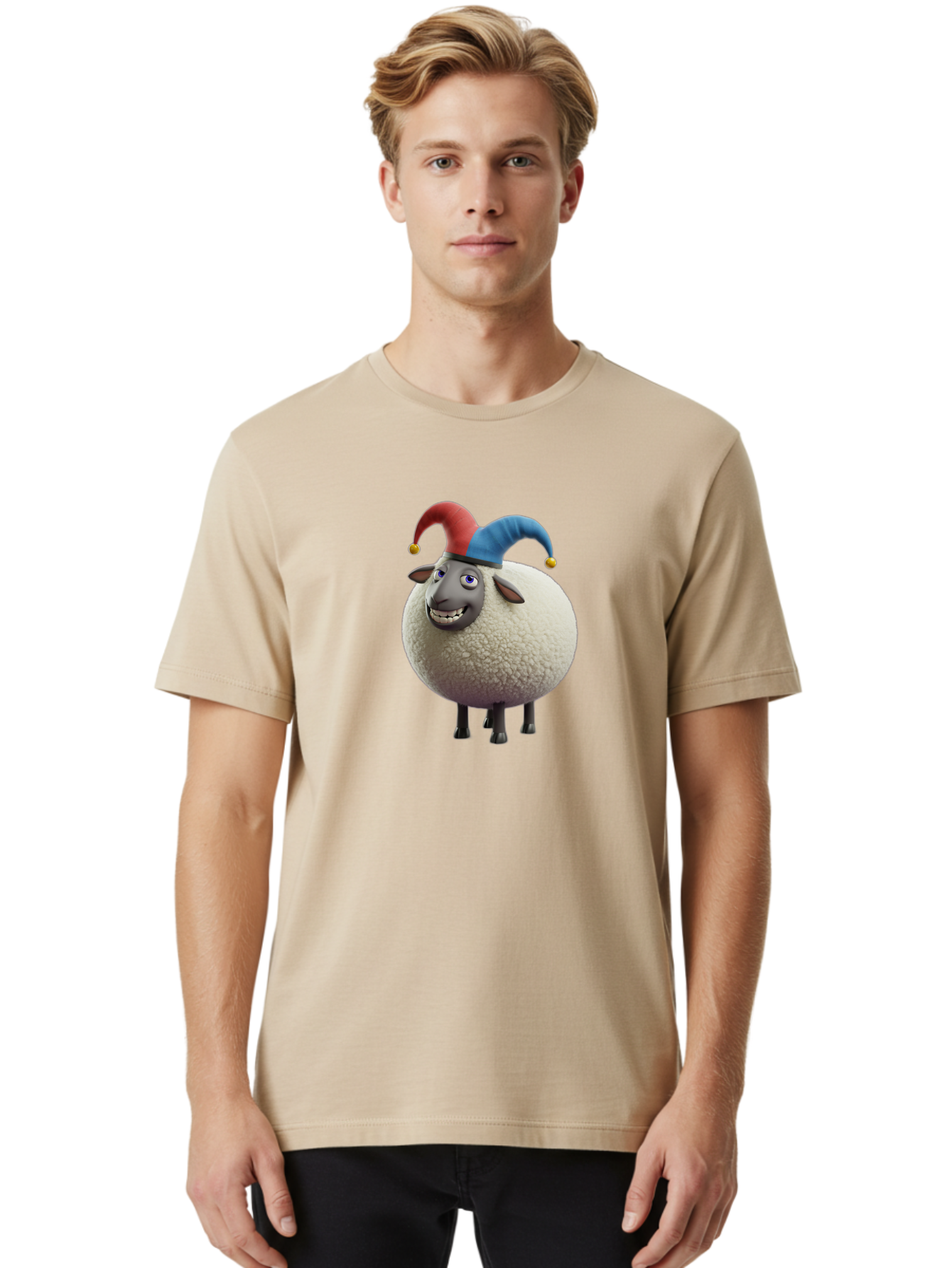 Shaun-The-Sheep-Jester-Hat Men'S Graphic Tee, 100% Cotton, Comfortable Casual Summer Wear, Machine Washable, Cartoon Sheep, Funny Character, Jester Hat, Red And Blue Hat, Animated Animal, Sheep Character, Humorous Illustration, Playful Design Bad539 24
