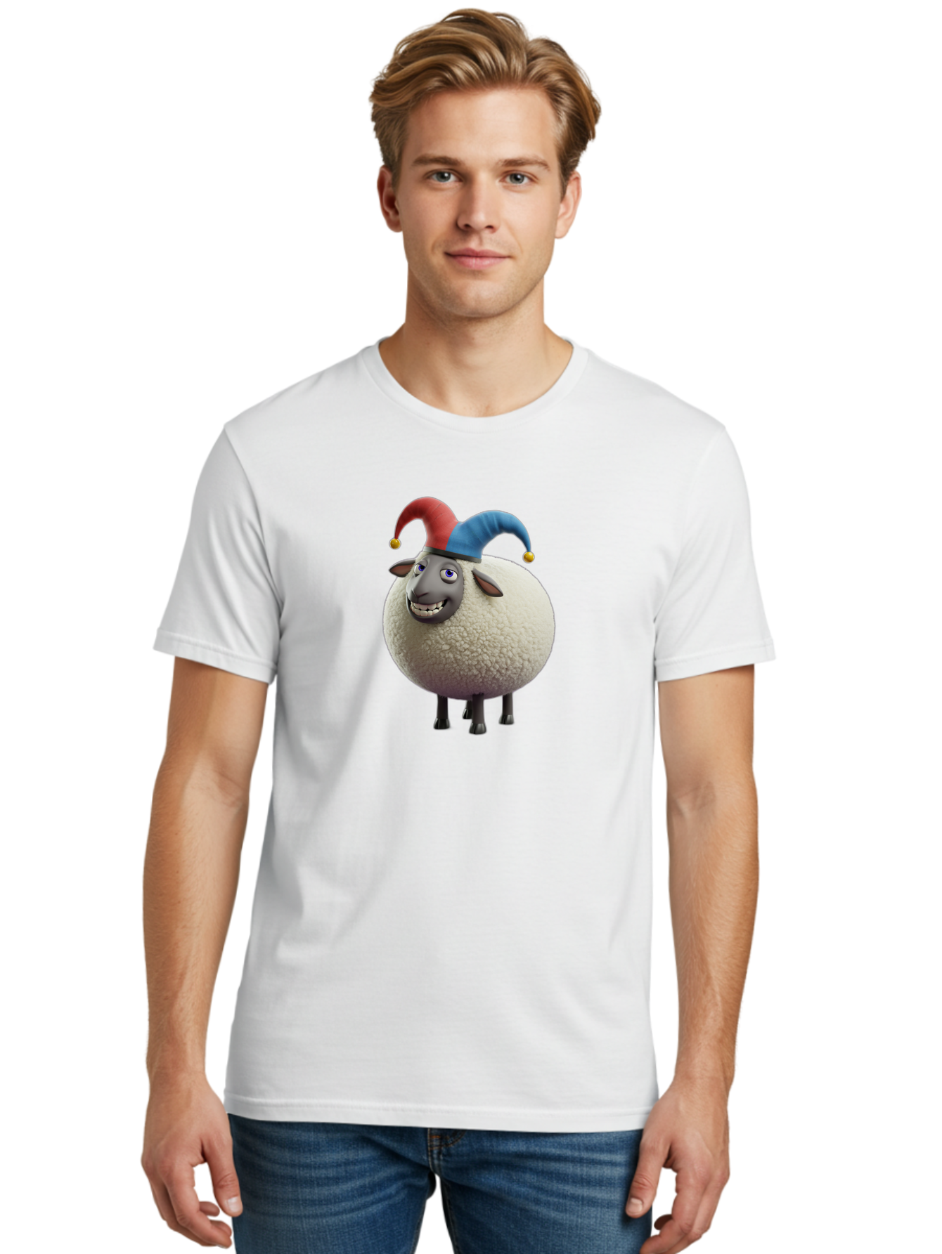 Shaun-The-Sheep-Jester-Hat Men'S Graphic Tee, 100% Cotton, Comfortable Casual Summer Wear, Machine Washable, Cartoon Sheep, Funny Character, Jester Hat, Red And Blue Hat, Animated Animal, Sheep Character, Humorous Illustration, Playful Design Bad539 28