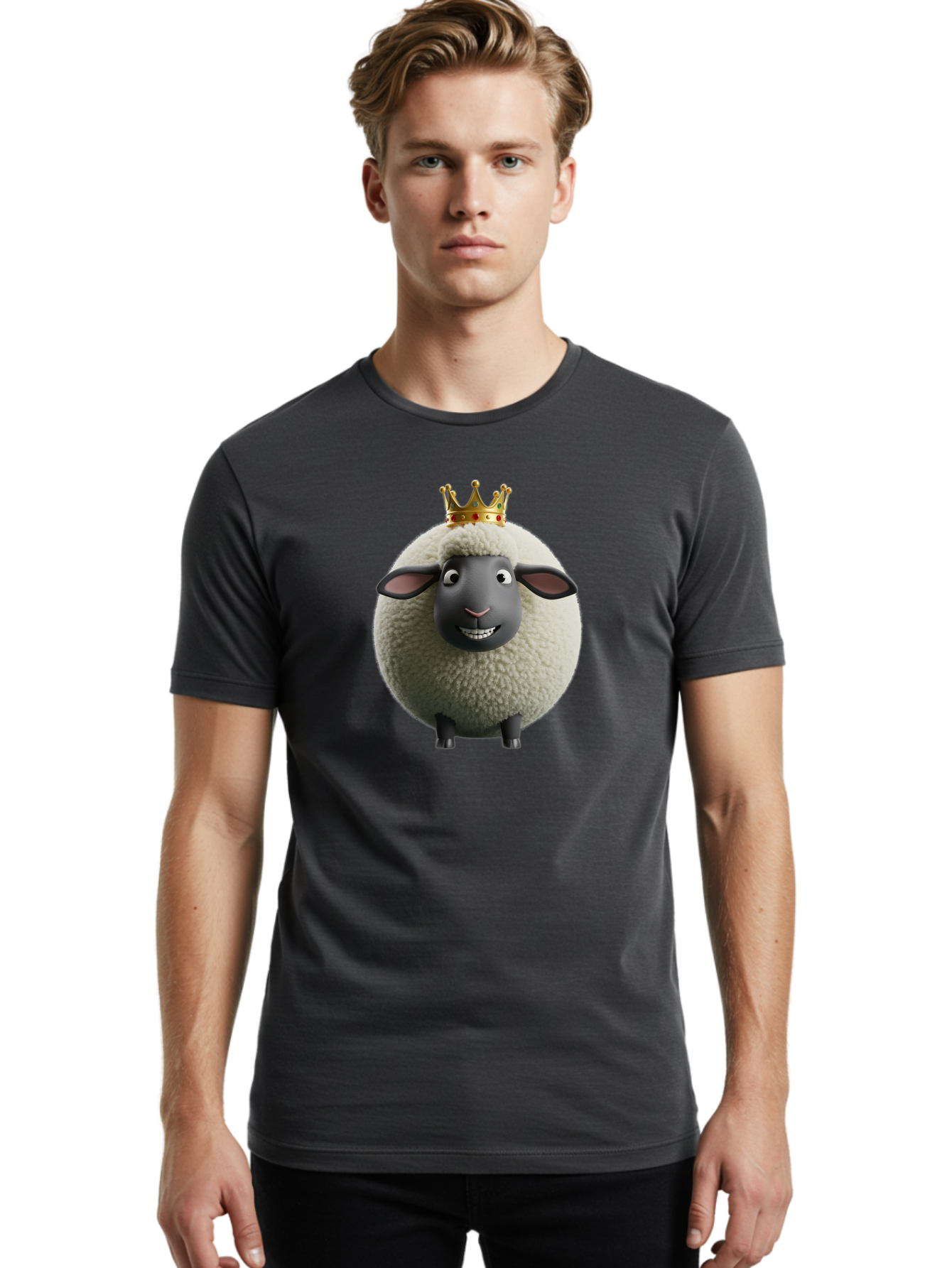 Shaun-The-Sheep-King Men'S Graphic Tee, 100% Cotton, Comfortable Casual Summer Wear, Machine Washable, Cartoon Sheep, Fluffy Sheep, Sheep Wearing Crown, Shaun The Sheep, Comedy Character, Funny Animal, Cute Sheep, Stop Motion Character, Bad540 25